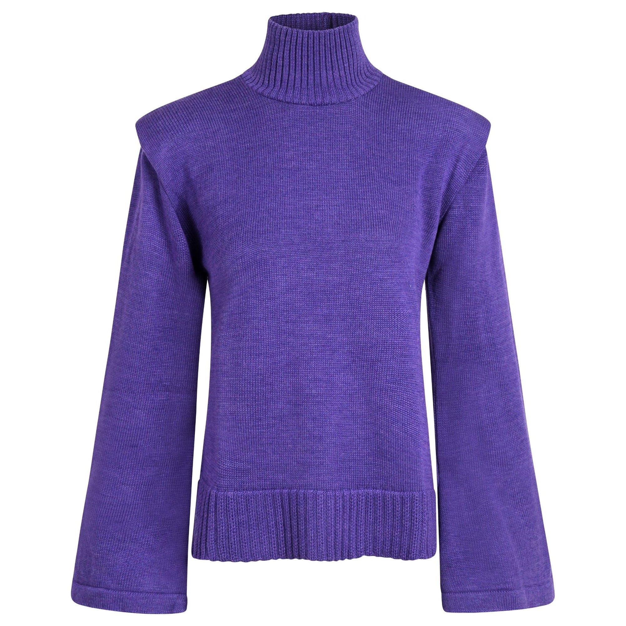 Purple Merino Wool Turtleneck Sweater with Flared Sleeves