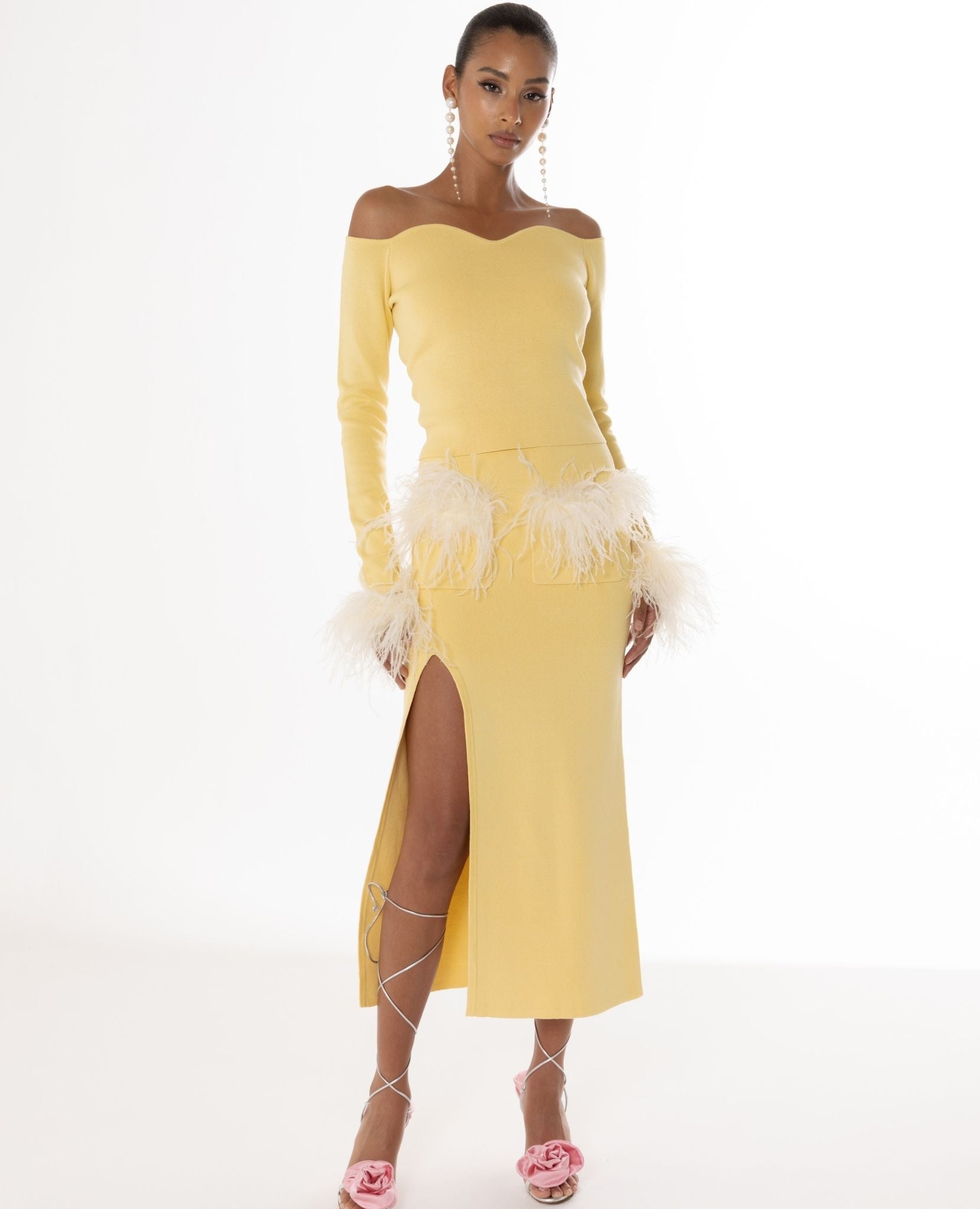 ANDREEVA - Butter Yellow Vanilla Knit Skirt With Feathers, buy at DOORS NYC
