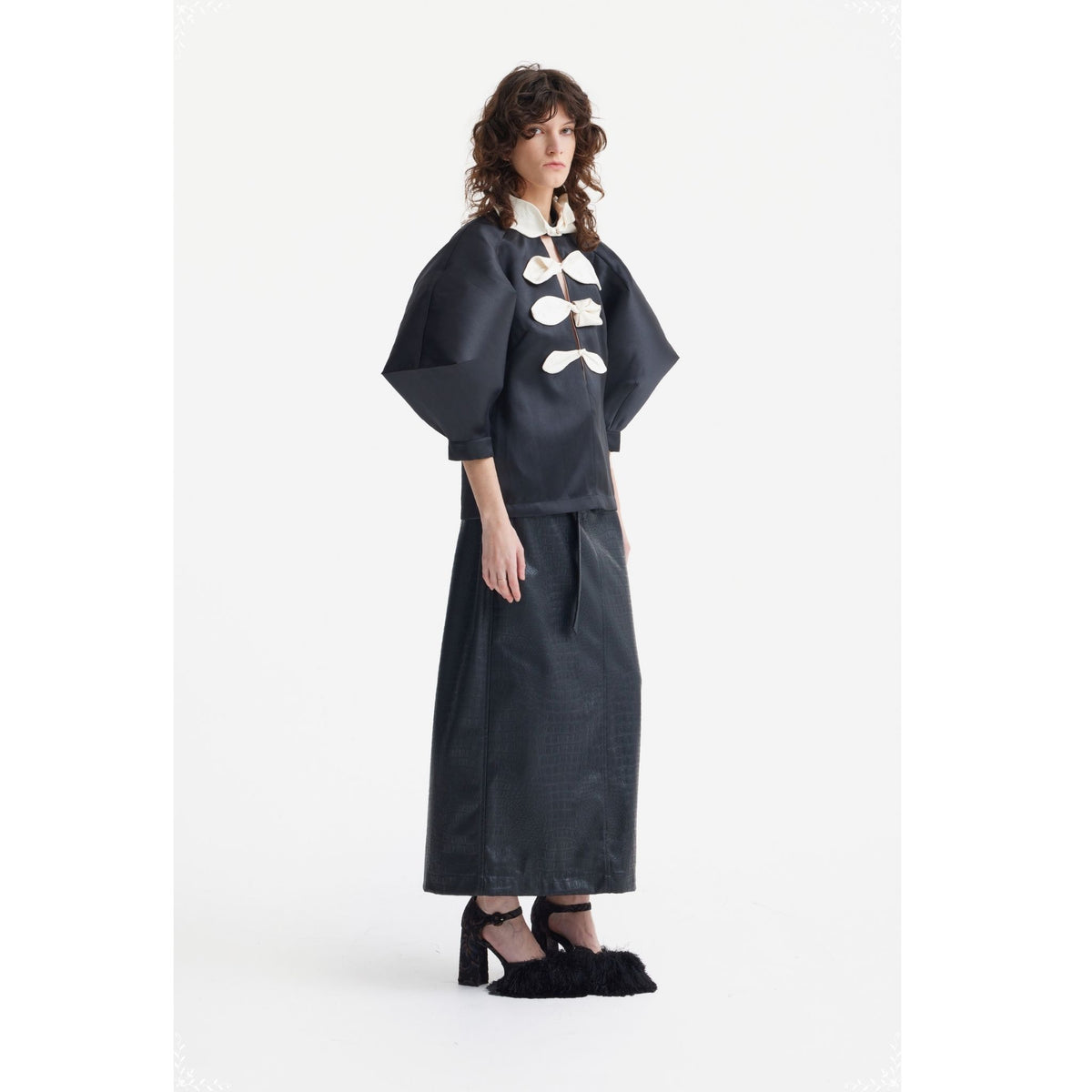 Taffeta Deep V-Neck Blouse With Satin Floral Detail  | Black