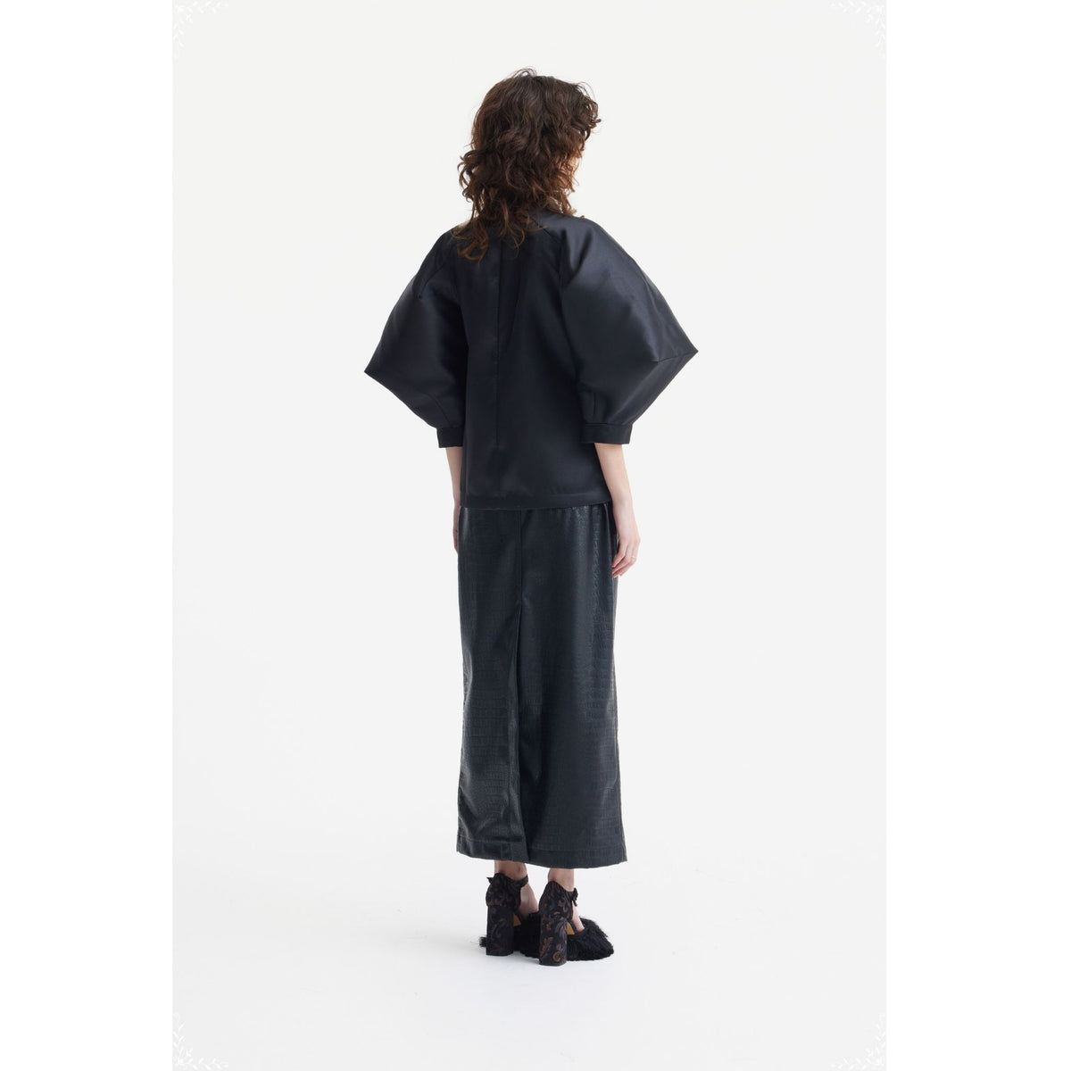 Taffeta Deep V-Neck Blouse With Satin Floral Detail  | Black