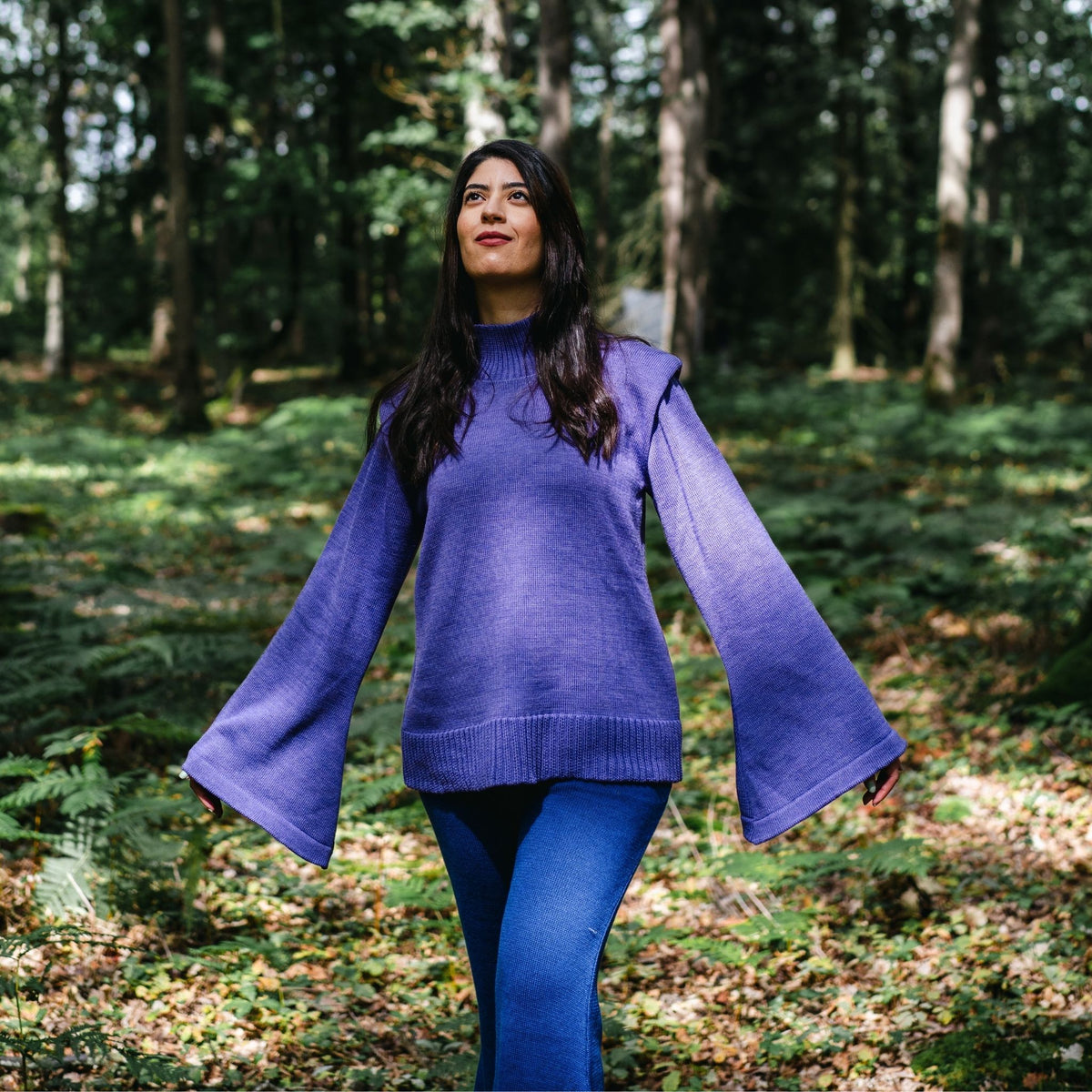Purple Merino Wool Turtleneck Sweater with Flared Sleeves