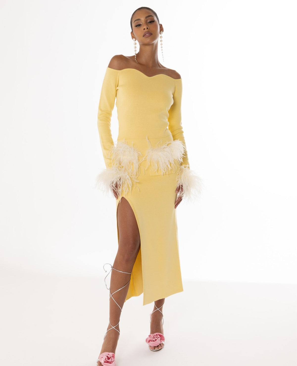 ANDREEVA - Butter Yellow Vanilla Knit Skirt With Feathers, buy at DOORS NYC