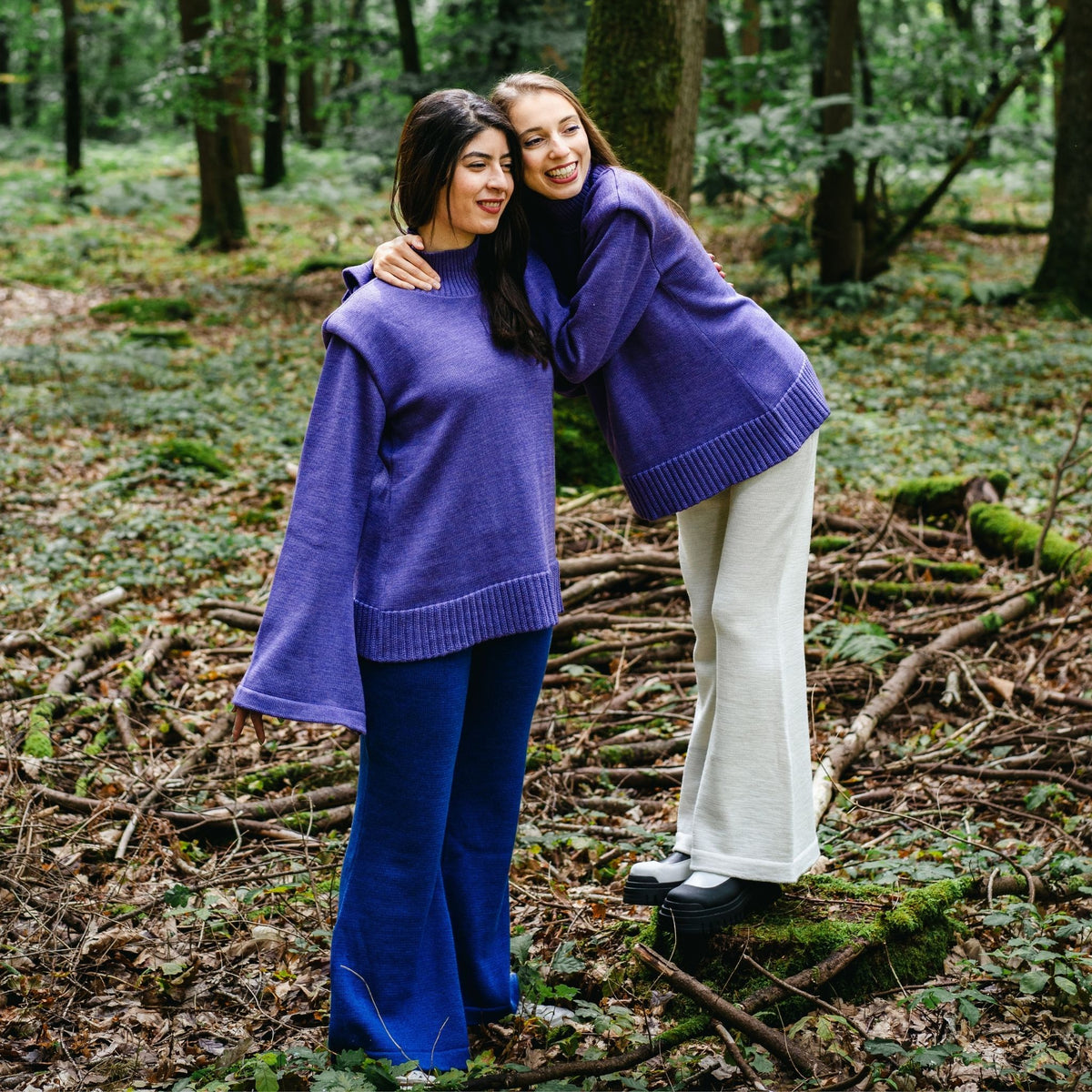 Purple Merino Wool Turtleneck Sweater with Flared Sleeves