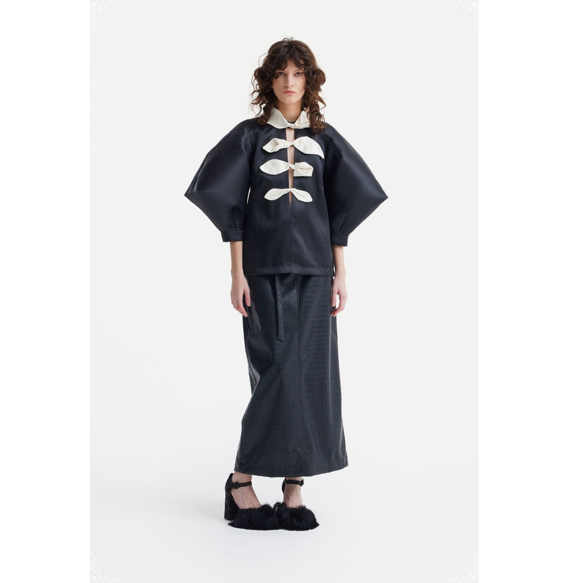 Taffeta Deep V-Neck Blouse With Satin Floral Detail  | Black