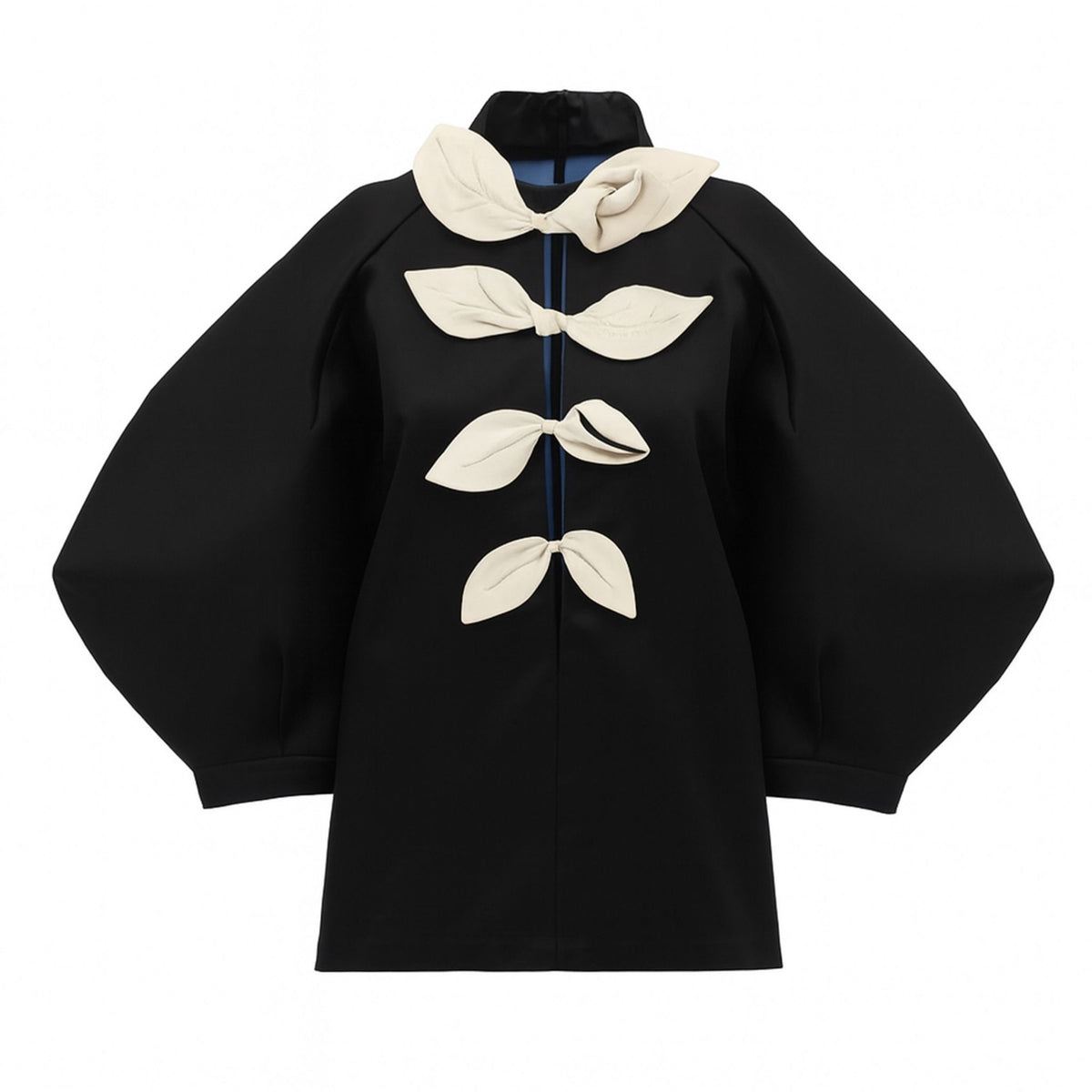 Taffeta Deep V-Neck Blouse With Satin Floral Detail  | Black