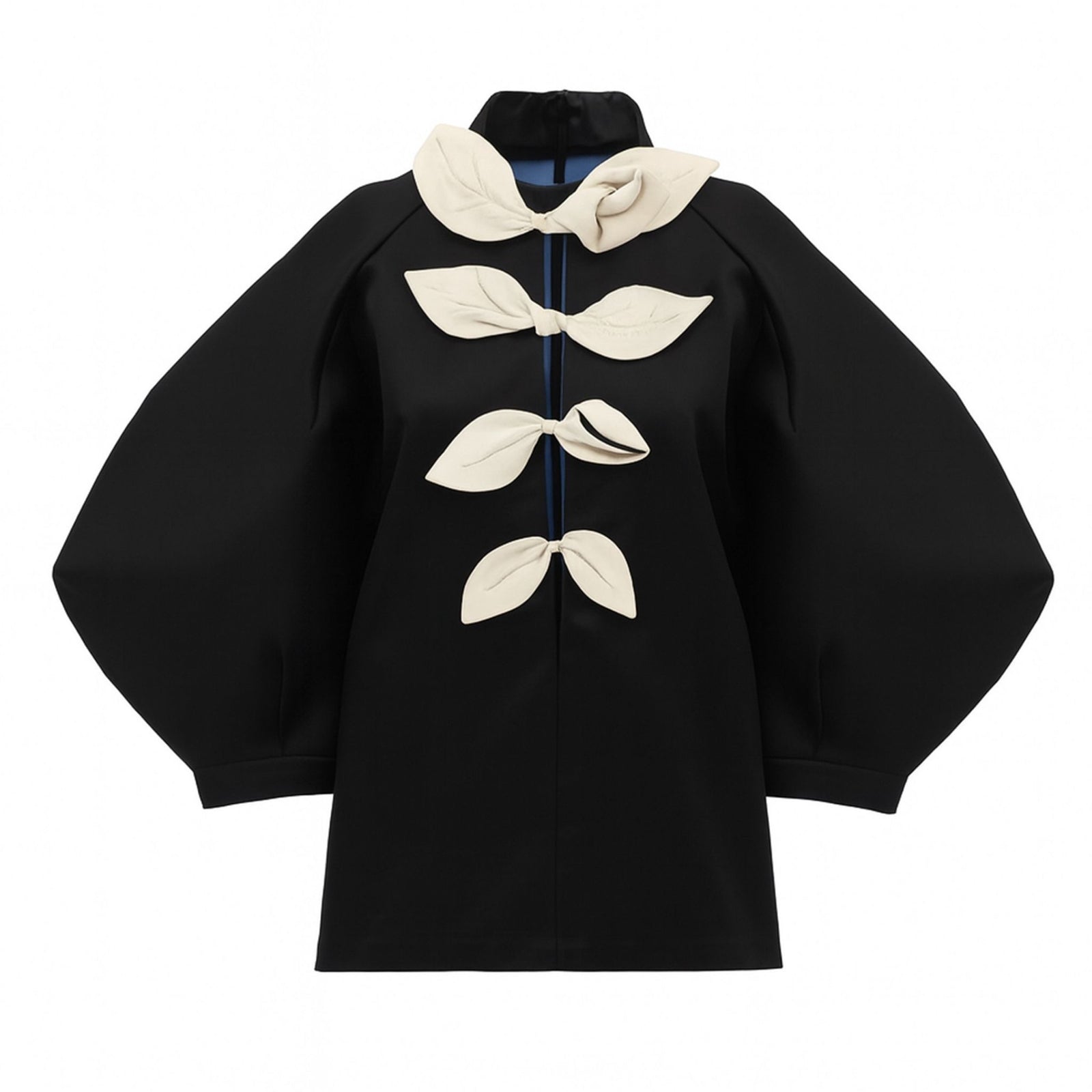 Taffeta Deep V-Neck Blouse With Satin Floral Detail  | Black