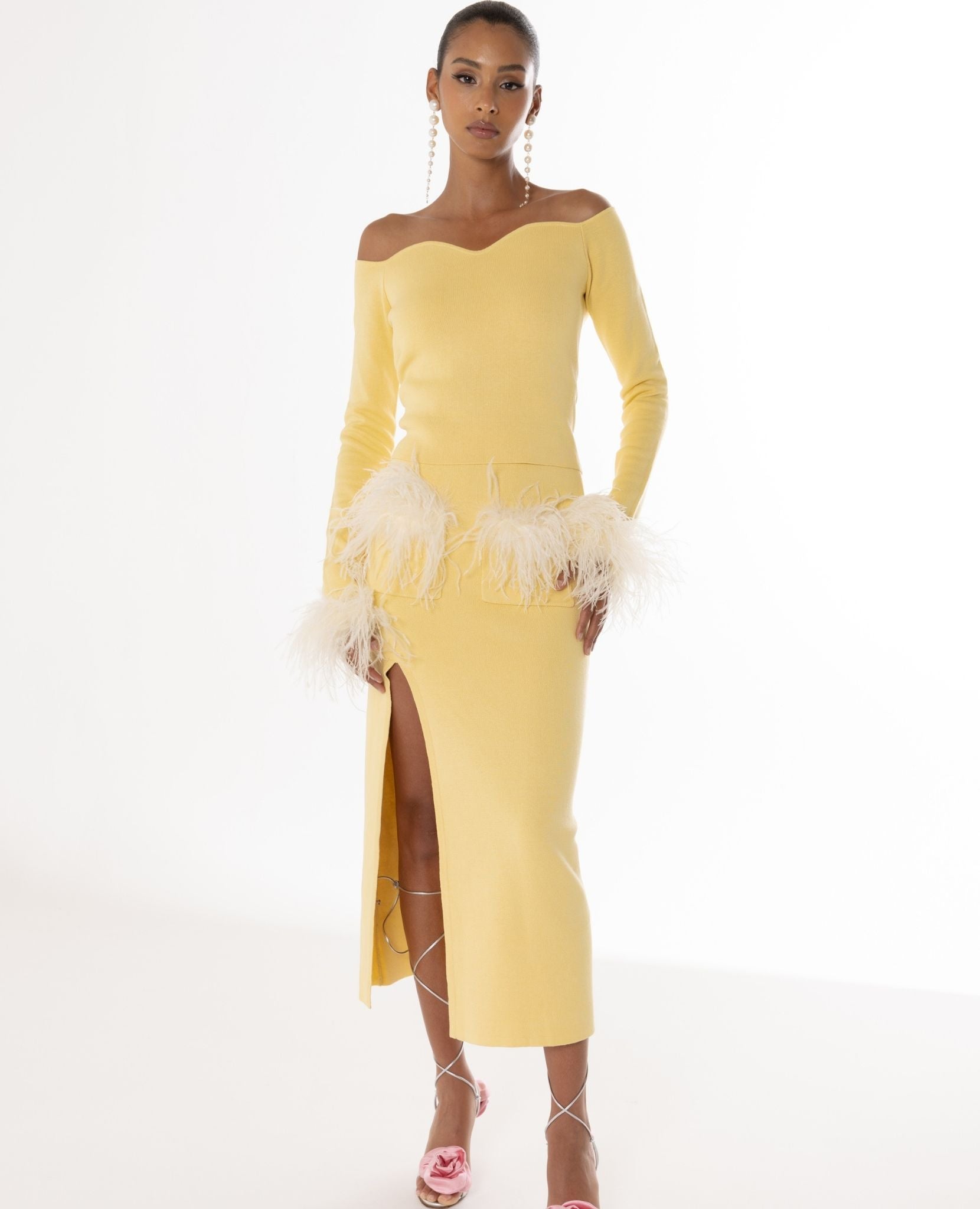 ANDREEVA - Butter Yellow Vanilla Knit Skirt With Feathers, buy at DOORS NYC