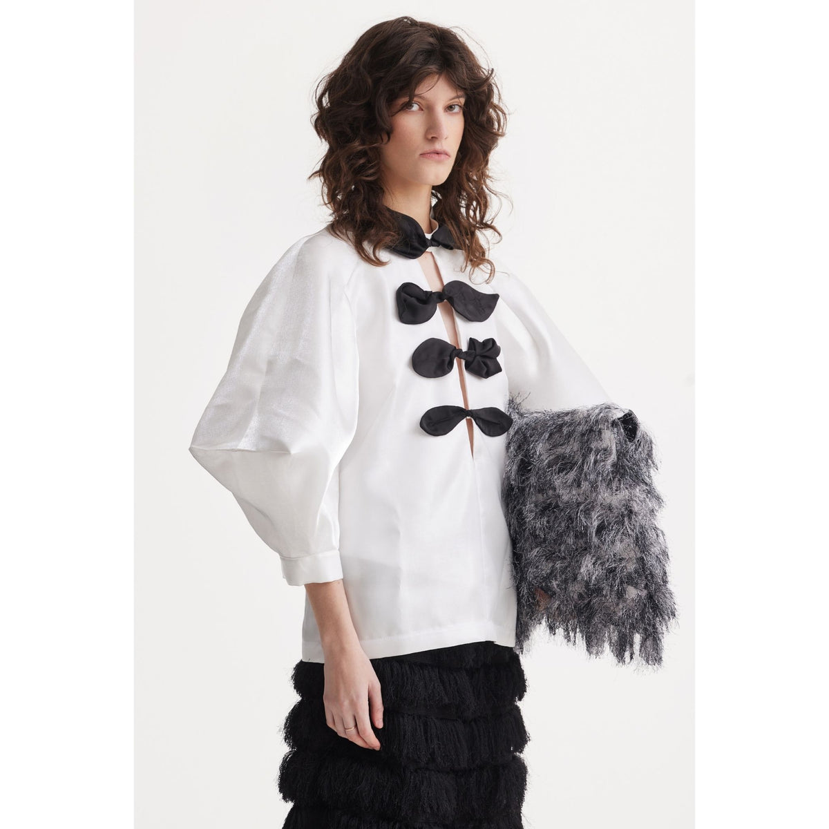 Taffeta Deep V-Neck Blouse With Satin Floral Detail | White