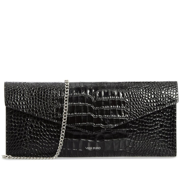 Black Croc-Embossed Leather Clutch with Chain Strap