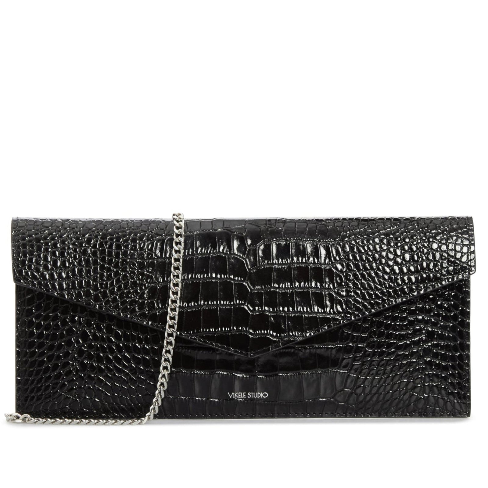 Black Croc-Embossed Leather Clutch with Chain Strap
