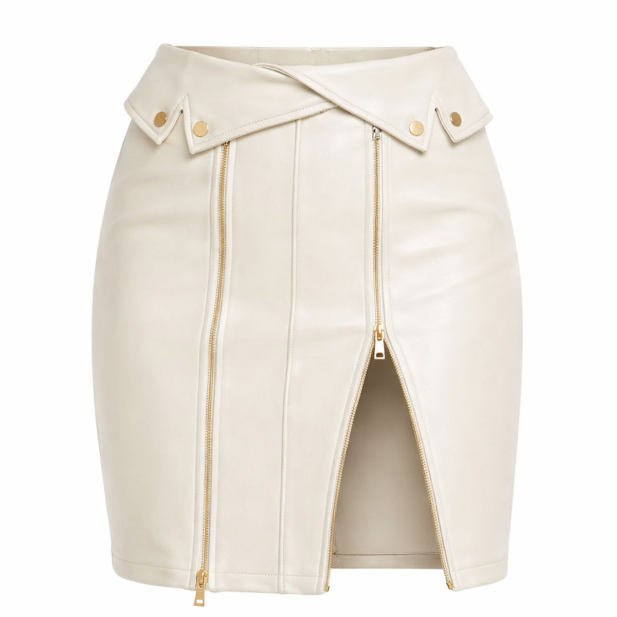 The Biker Vegan Leather Skirt by CIRCULAR PATH is a high-waisted, cream mini skirt with gold zippers, front slit detail, and angular waistband flaps.