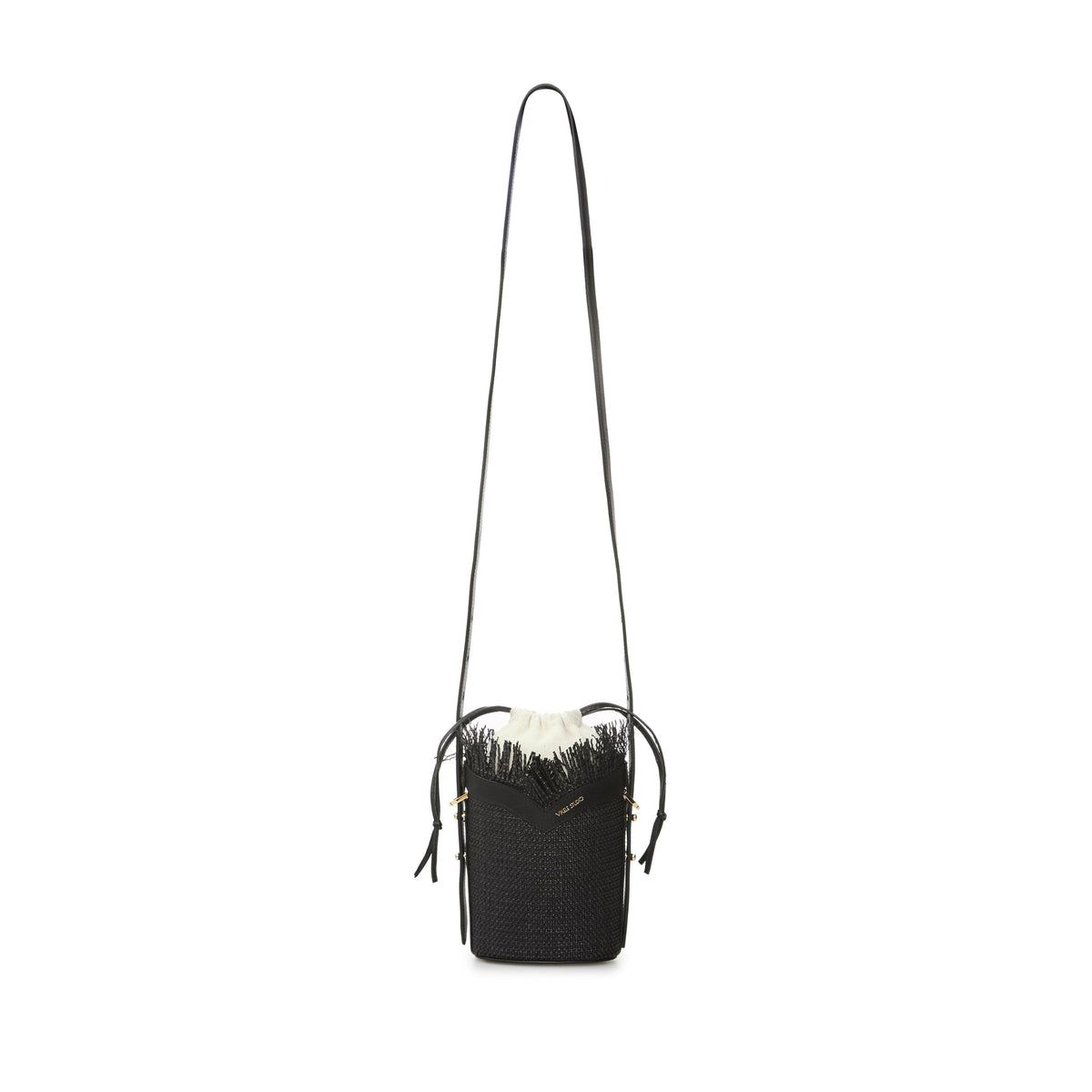 Black Woven Mini Bucket Bag with Leather Trim