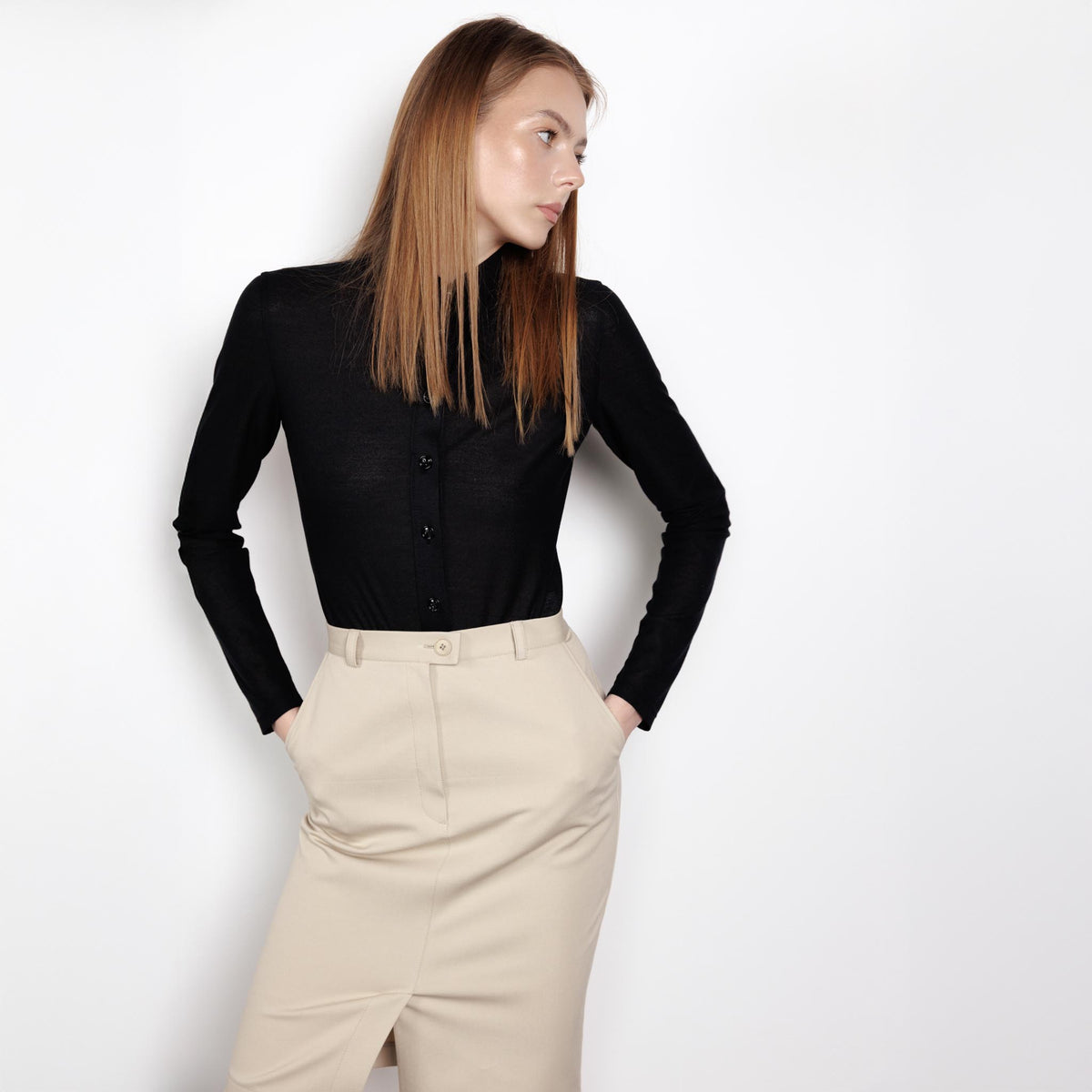 Fitted Knitted Button-Up Black Blouse