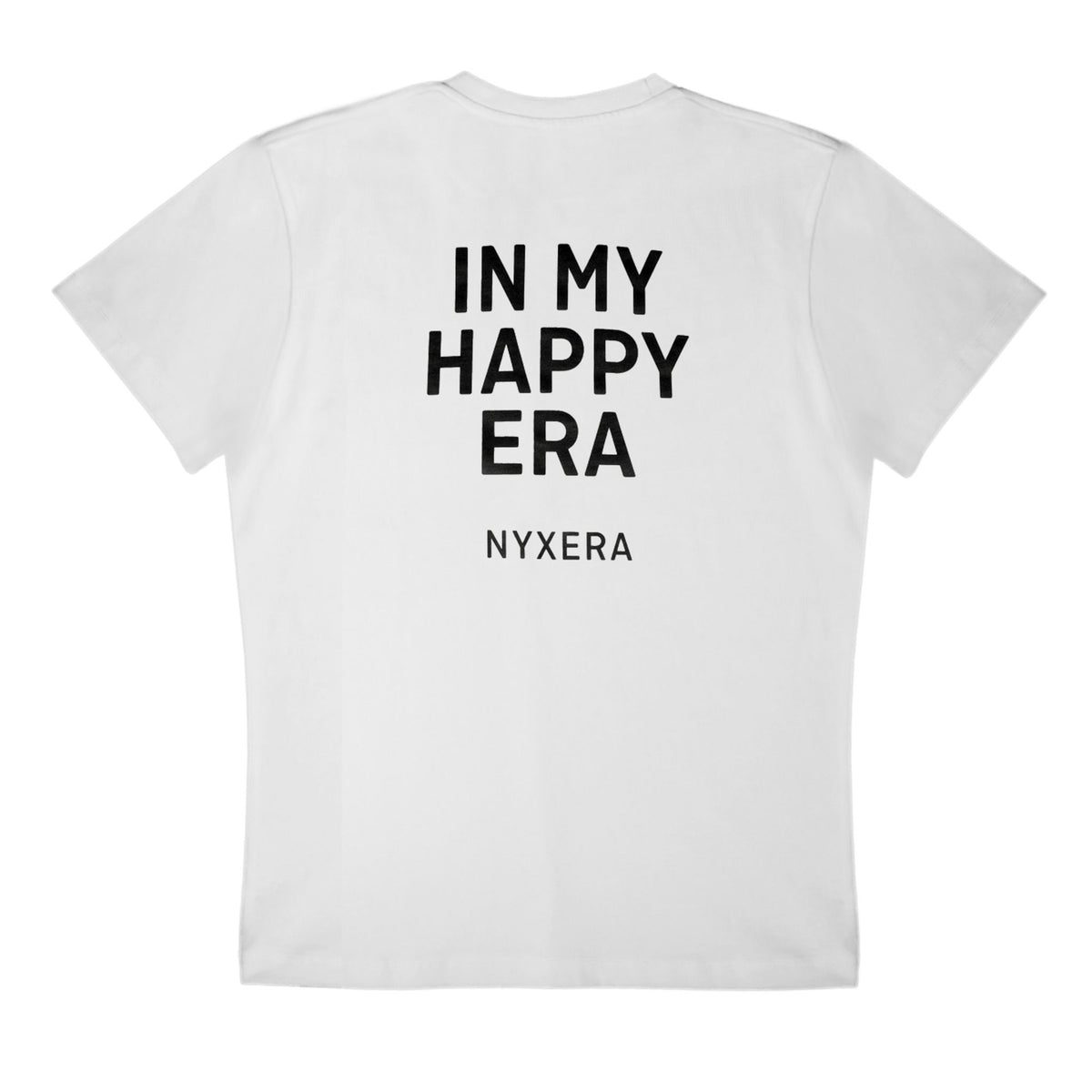 White t-shirt with &#39;IN MY HAPPY ERA NYXERA&#39; text on a white background