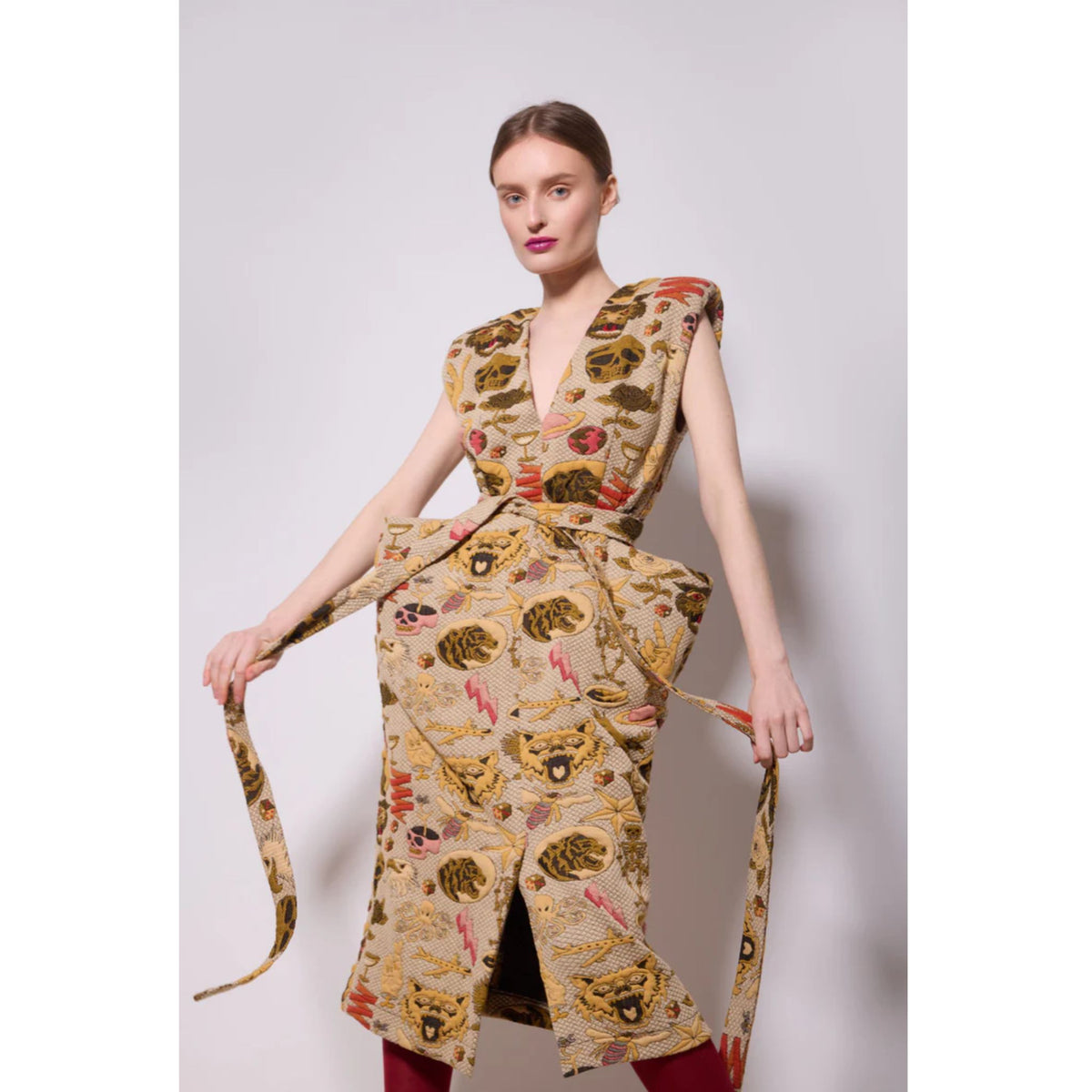 Jacquard Midi Dress With Bold Shoulders