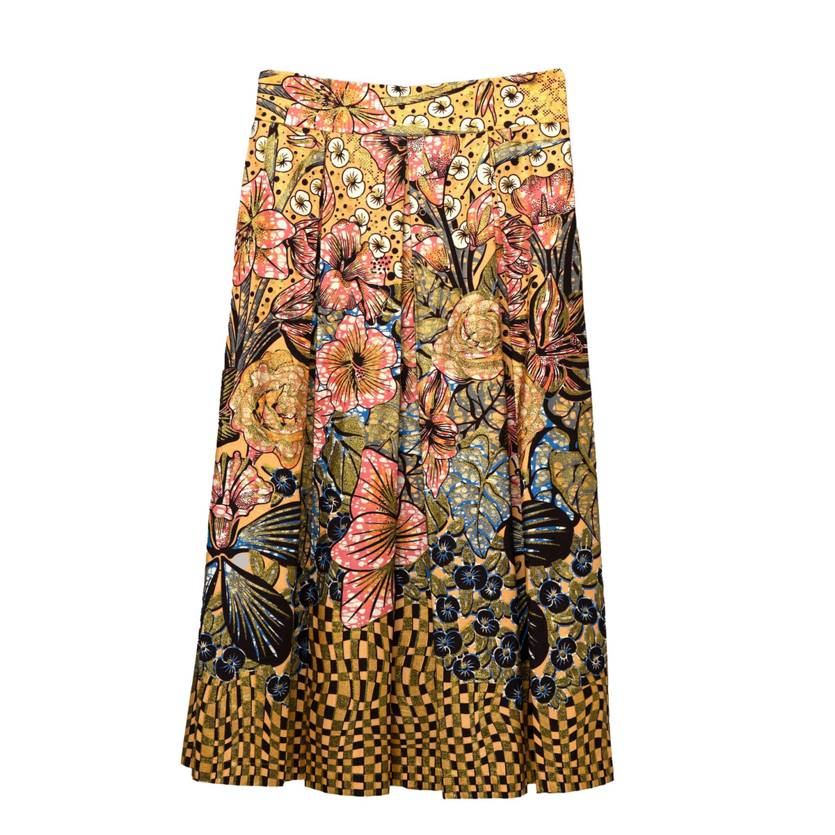 Floral and butterfly patterned skirt on a white background