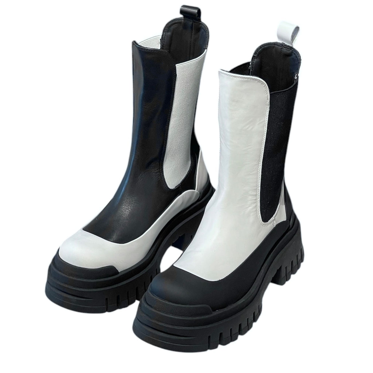 Black and white boots on a white background