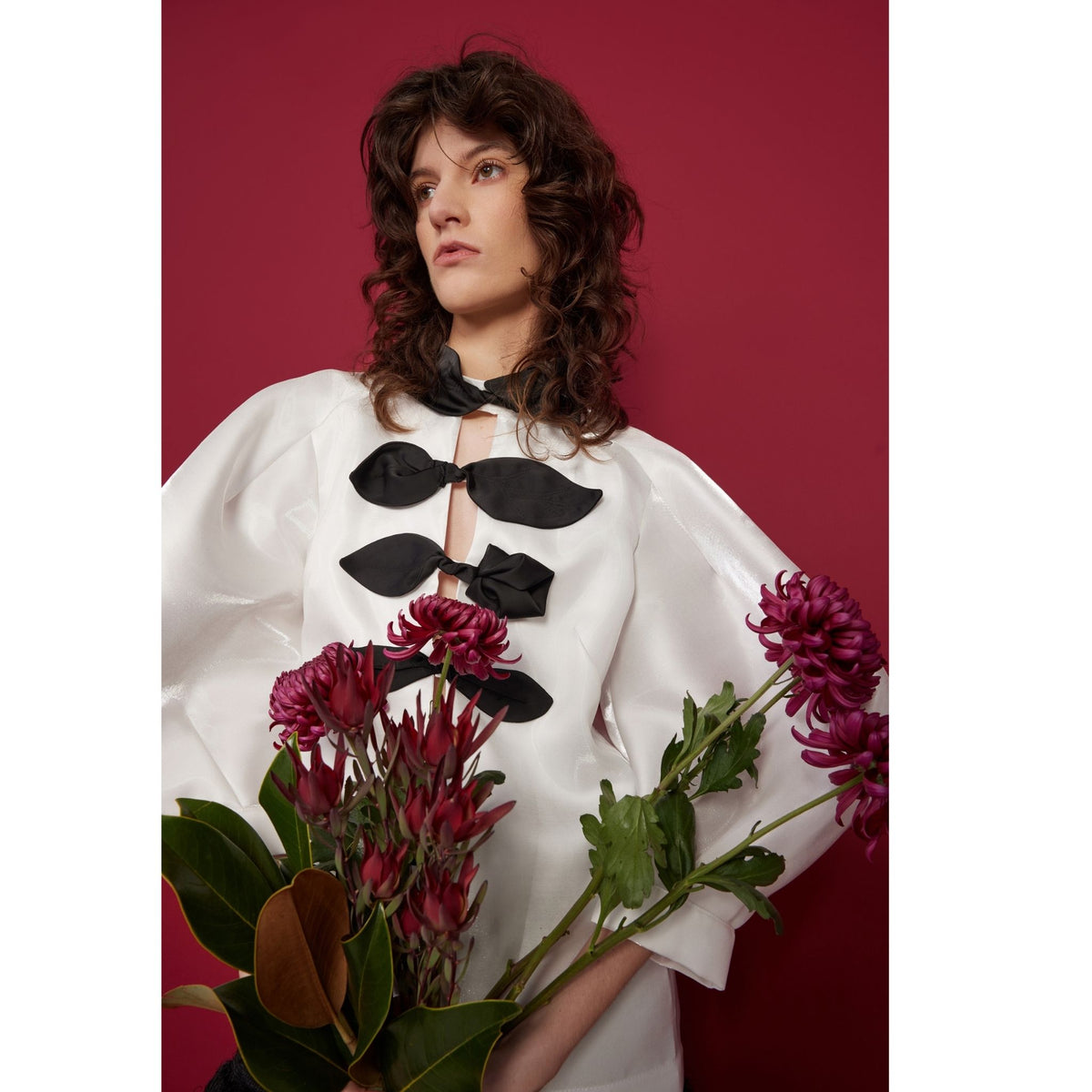 Taffeta Deep V-Neck Blouse With Satin Floral Detail | White