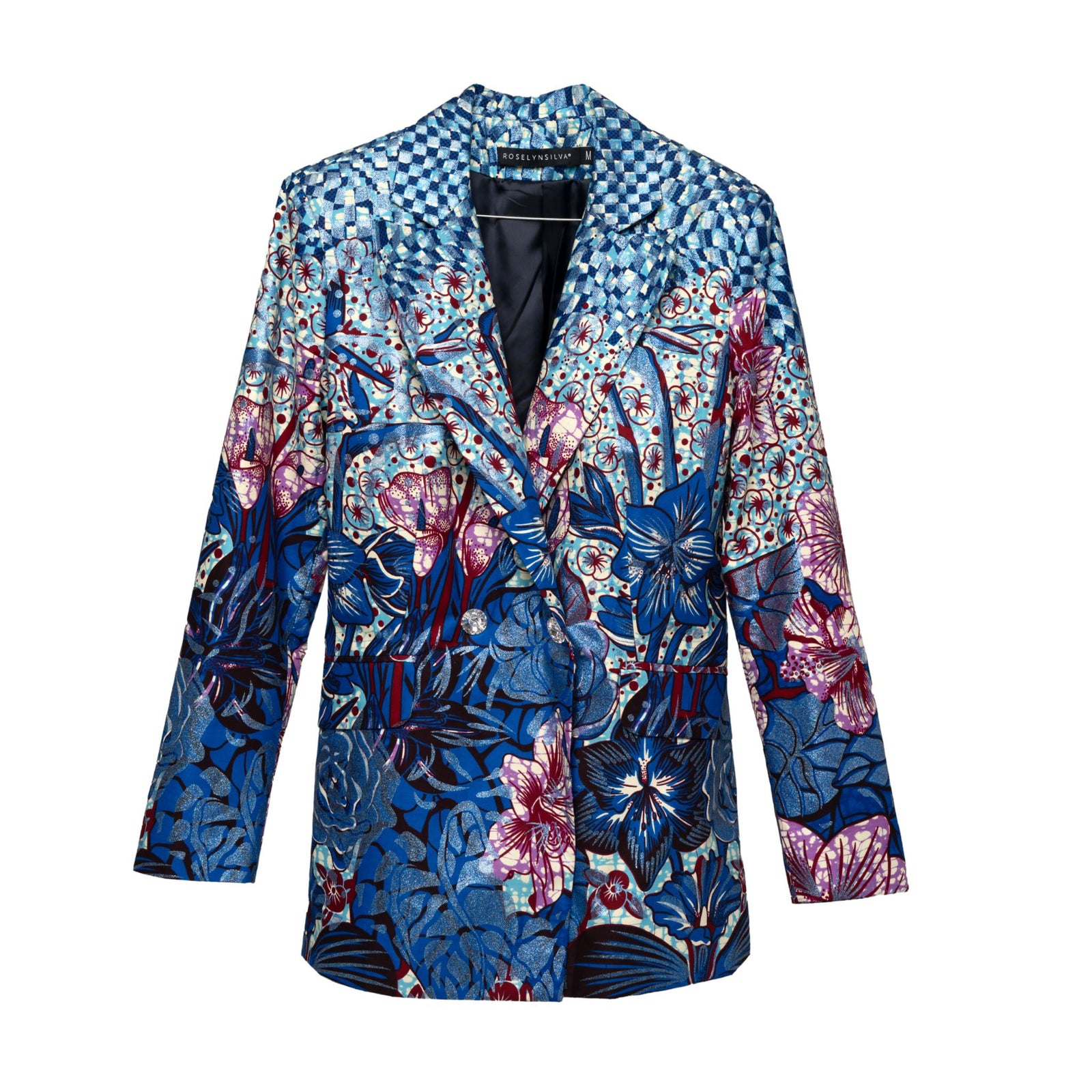 Colorful floral-patterned blazer on a white background