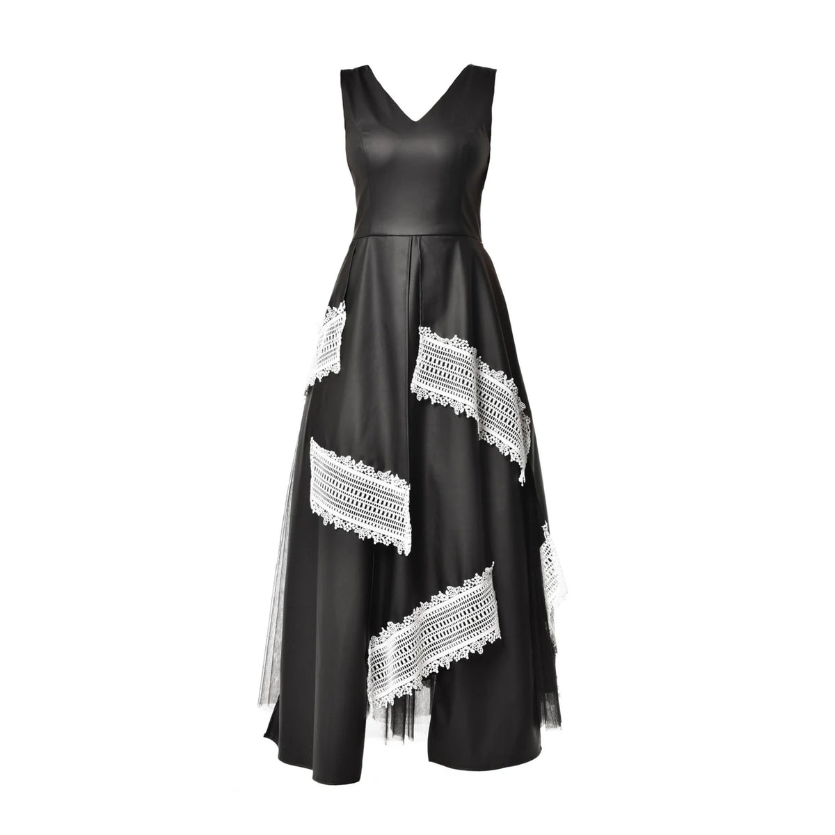 METAMORPHOZA - Black Vegan Leather Dress With Tulle And Lace | PR Sample at DOORS NYC