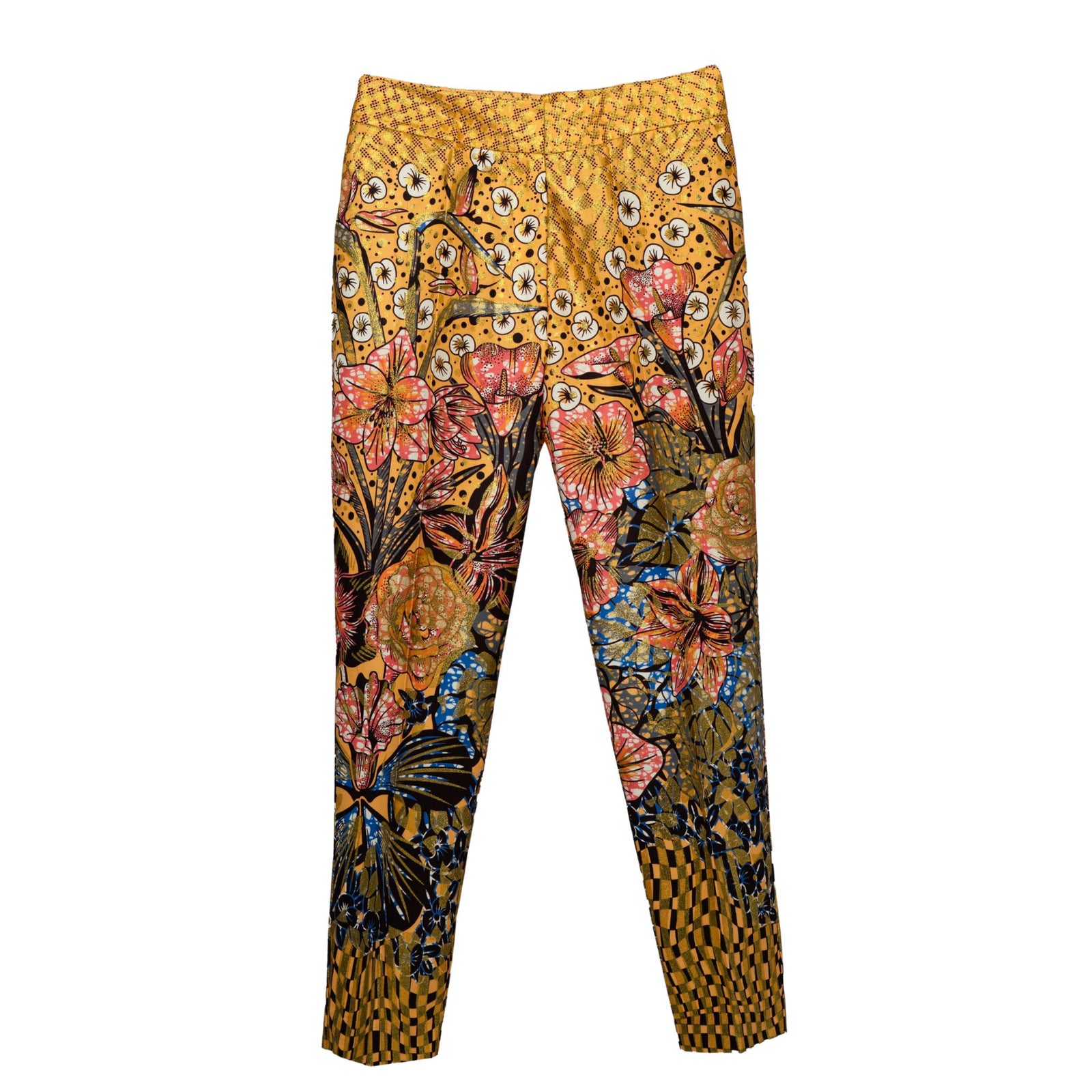 Colorful floral-patterned pants on a white background