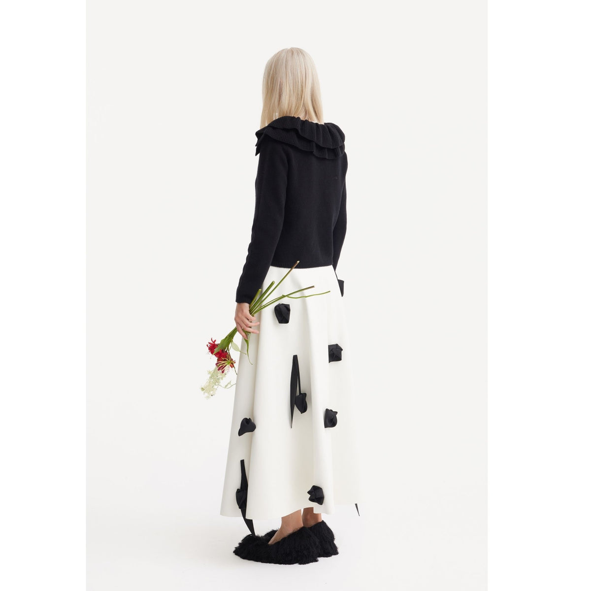 Faux Leather A-Line Skirt With Floral Details | Ivory