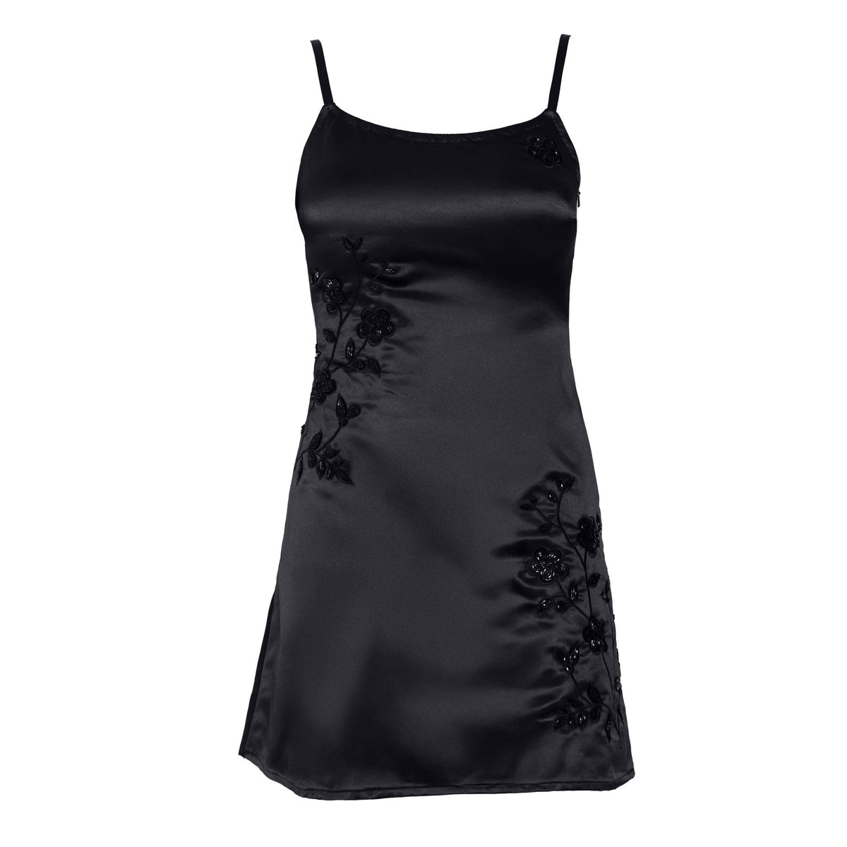 The SELF-ADORE Fleur Luxe Satin-Feel Mini Dress is a sleeveless black mini dress with thin spaghetti straps and hand-beaded floral embroidery on the front.