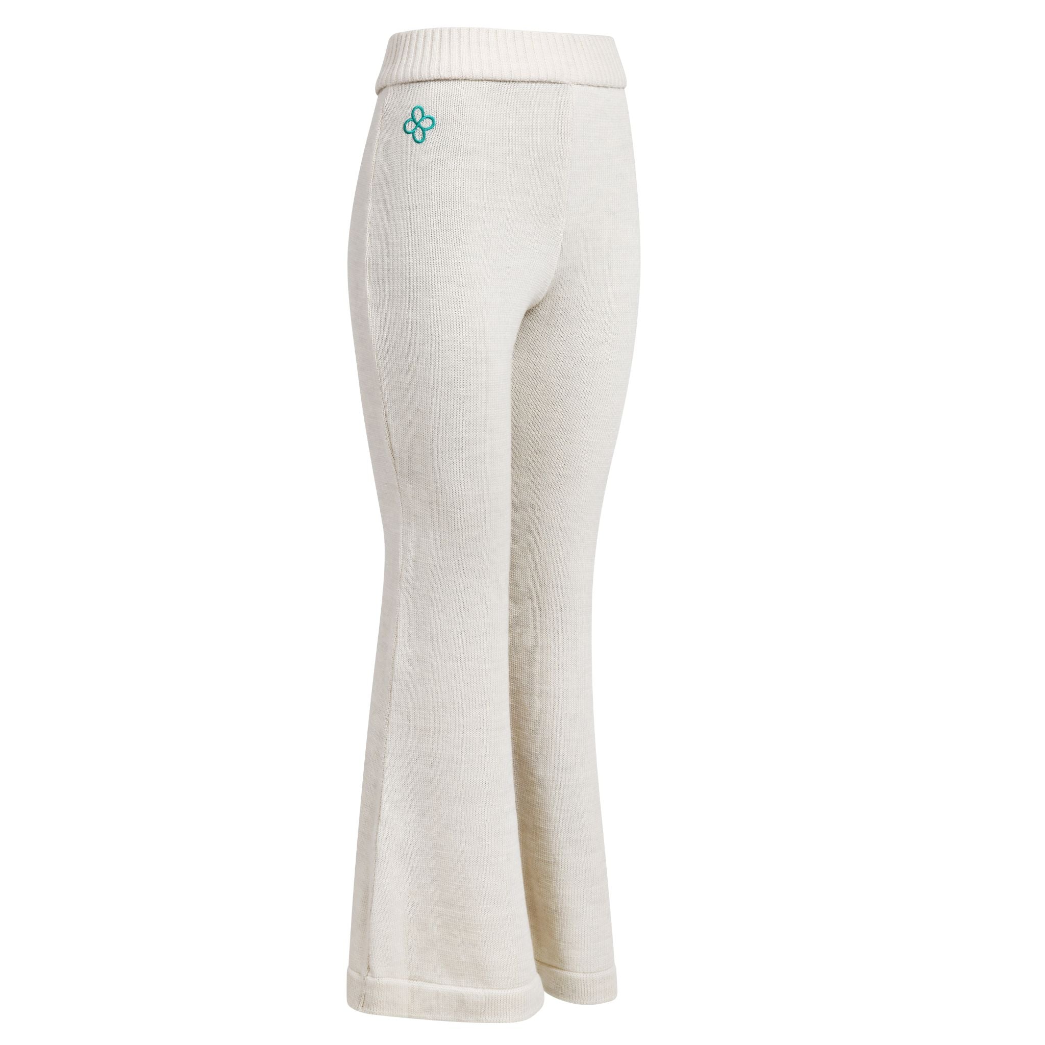 White ribbed pants with a small blue logo on a white background