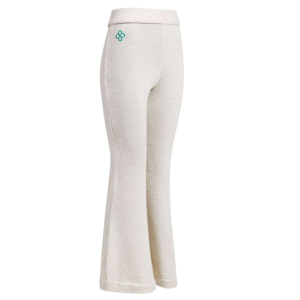 White ribbed pants with a small blue logo on a white background