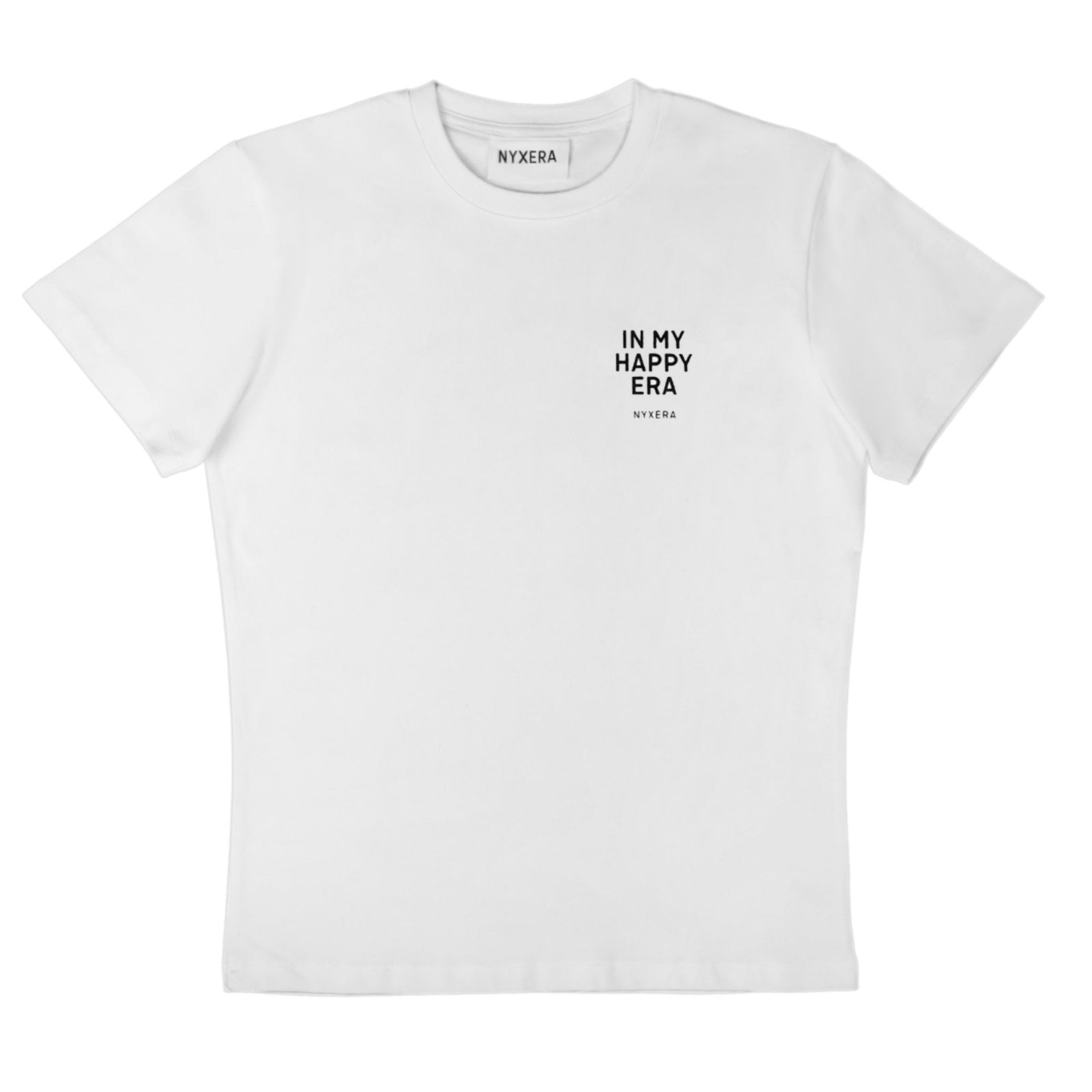 White t-shirt with 'IN MY HAPPY ERA' text on a white background