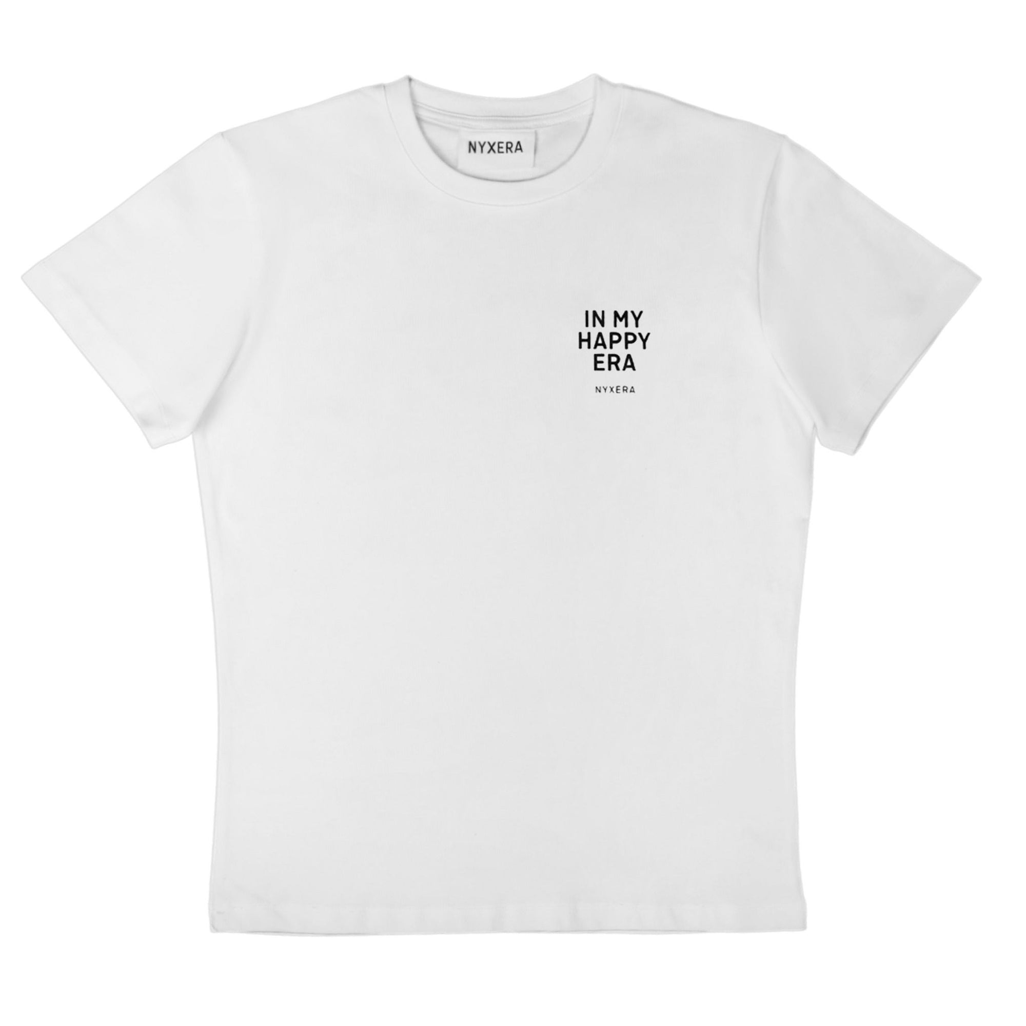 White t-shirt with 'IN MY HAPPY ERA' text on a white background