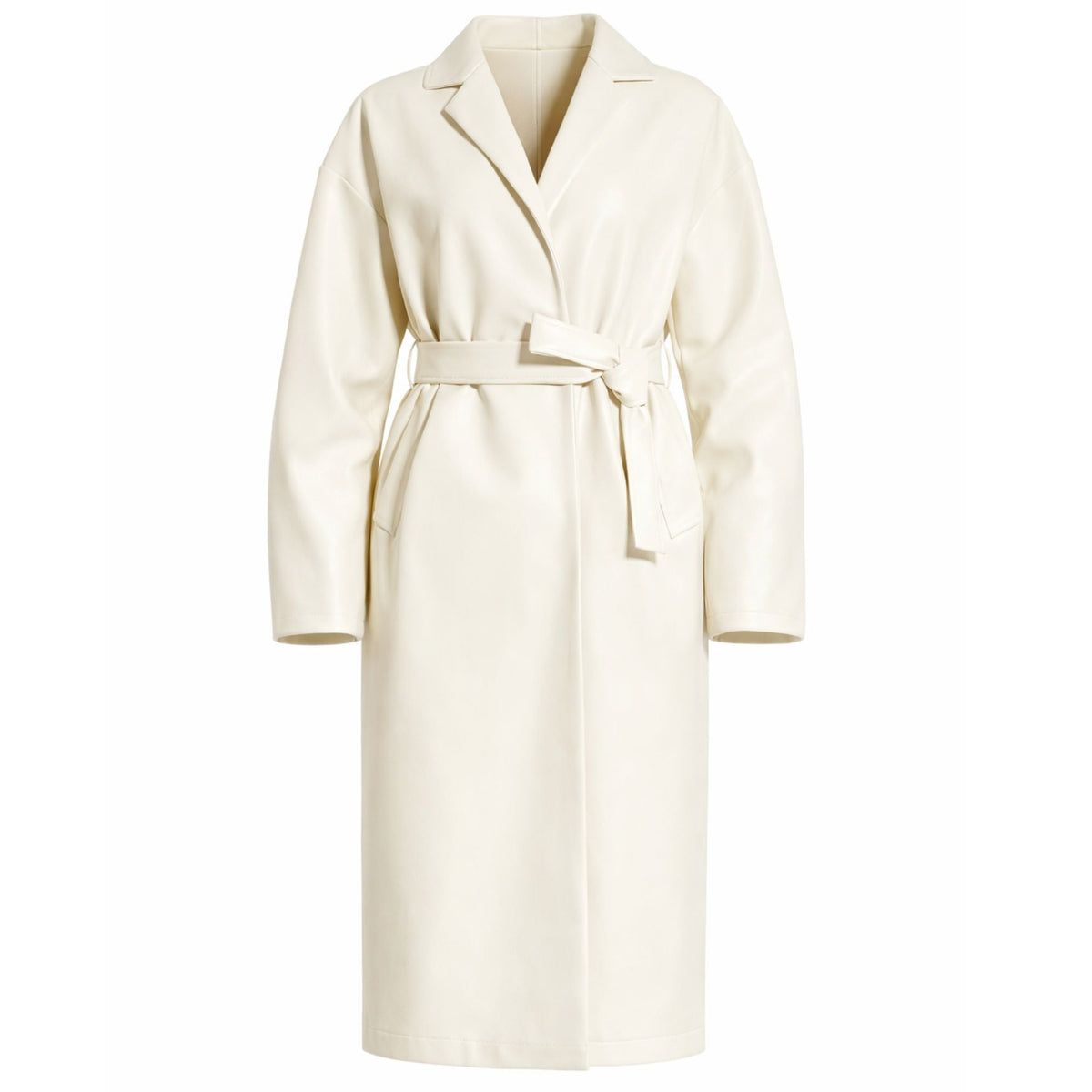 The CIRCULAR PATH Vegan Leather Coat | PR Sample is a cream belted trench with wide lapels, long sleeves, and a relaxed fit—an elegant classic outerwear piece shown on a plain white background.
