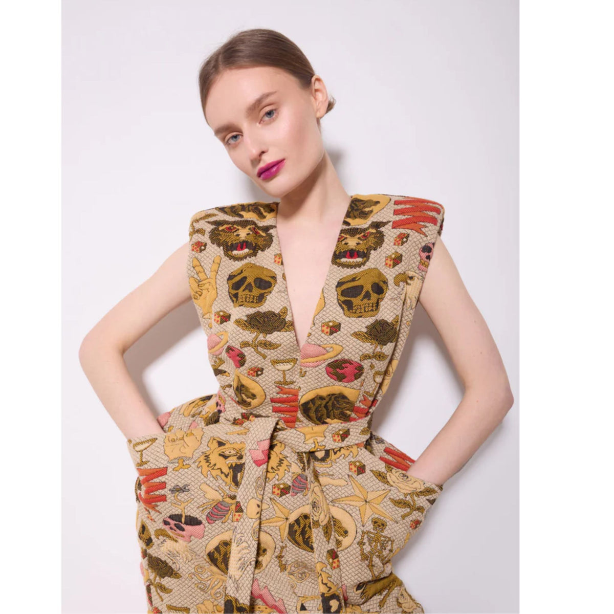 Jacquard Midi Dress With Bold Shoulders