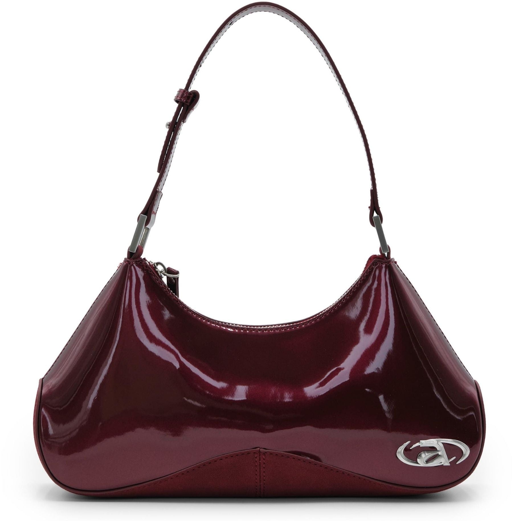 Maroon handbag with a visible brand logo on a white background