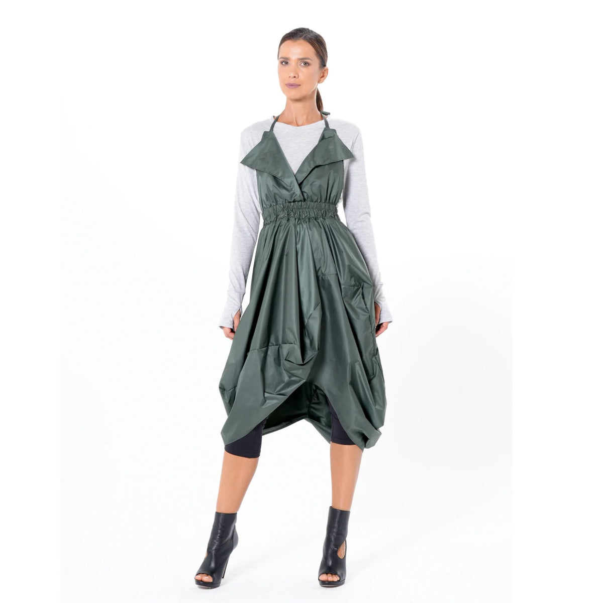Draped Balloon Pinafore Dress In Green | PR Sample