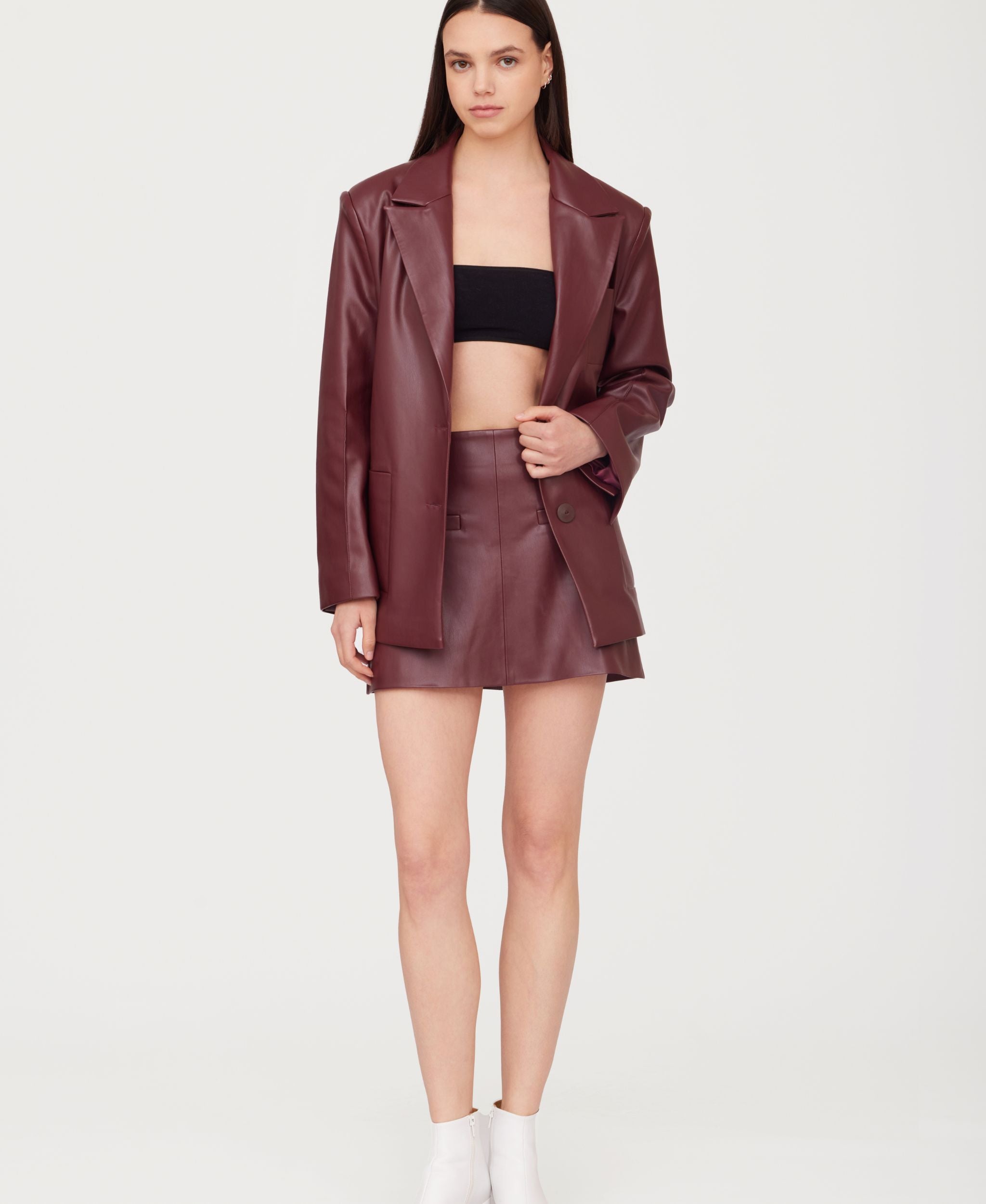SOTROPA - Eco Leather Mini Skirt | Burgundy, buy at DOORS NYC
