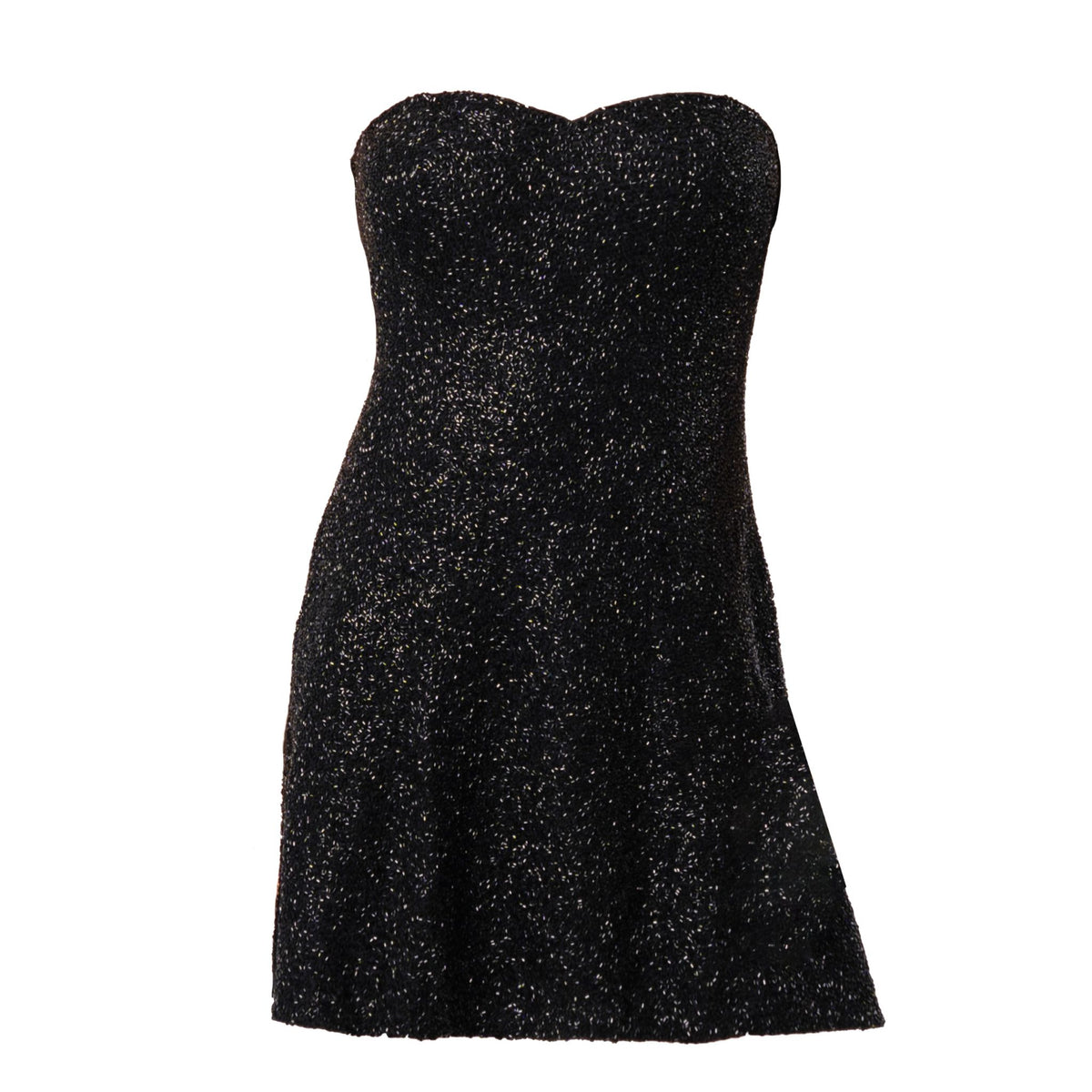 The SELF-ADORE Midnight Hand-Beaded Embellished Mini Dress is a strapless black evening dress with a subtle glittery finish, fitted at the top and slightly flared at the hem, shown against a plain white background.