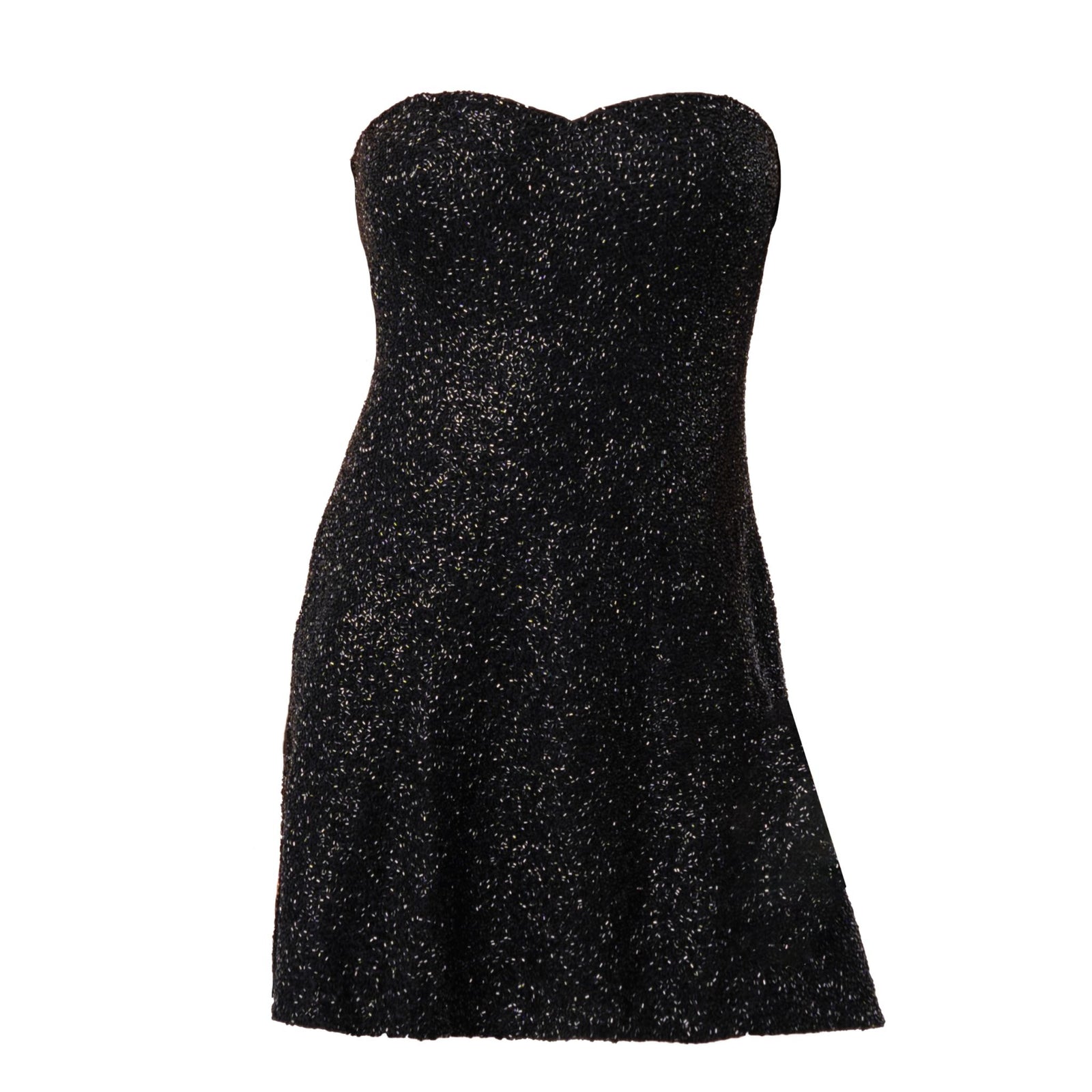 The SELF-ADORE Midnight Hand-Beaded Embellished Mini Dress is a strapless black evening dress with a subtle glittery finish, fitted at the top and slightly flared at the hem, shown against a plain white background.