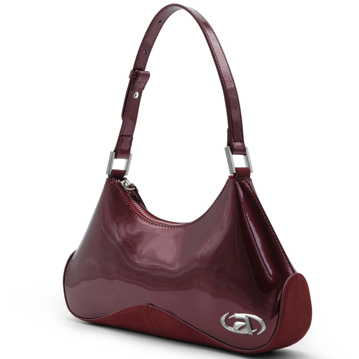 Maroon handbag with a silver clasp on a white background