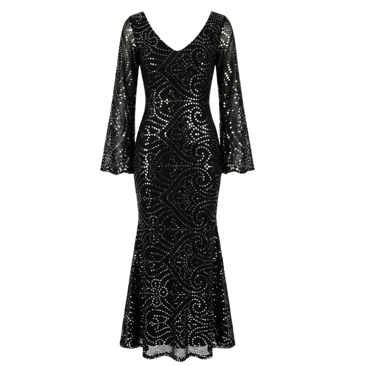 The Black Patra Mermaid Maxi Dress by INTERNATIONAL APPEAL features a V-neck, sheer flared sleeves, and swirling silver sequin details for a luxurious contemporary Indian-inspired look.