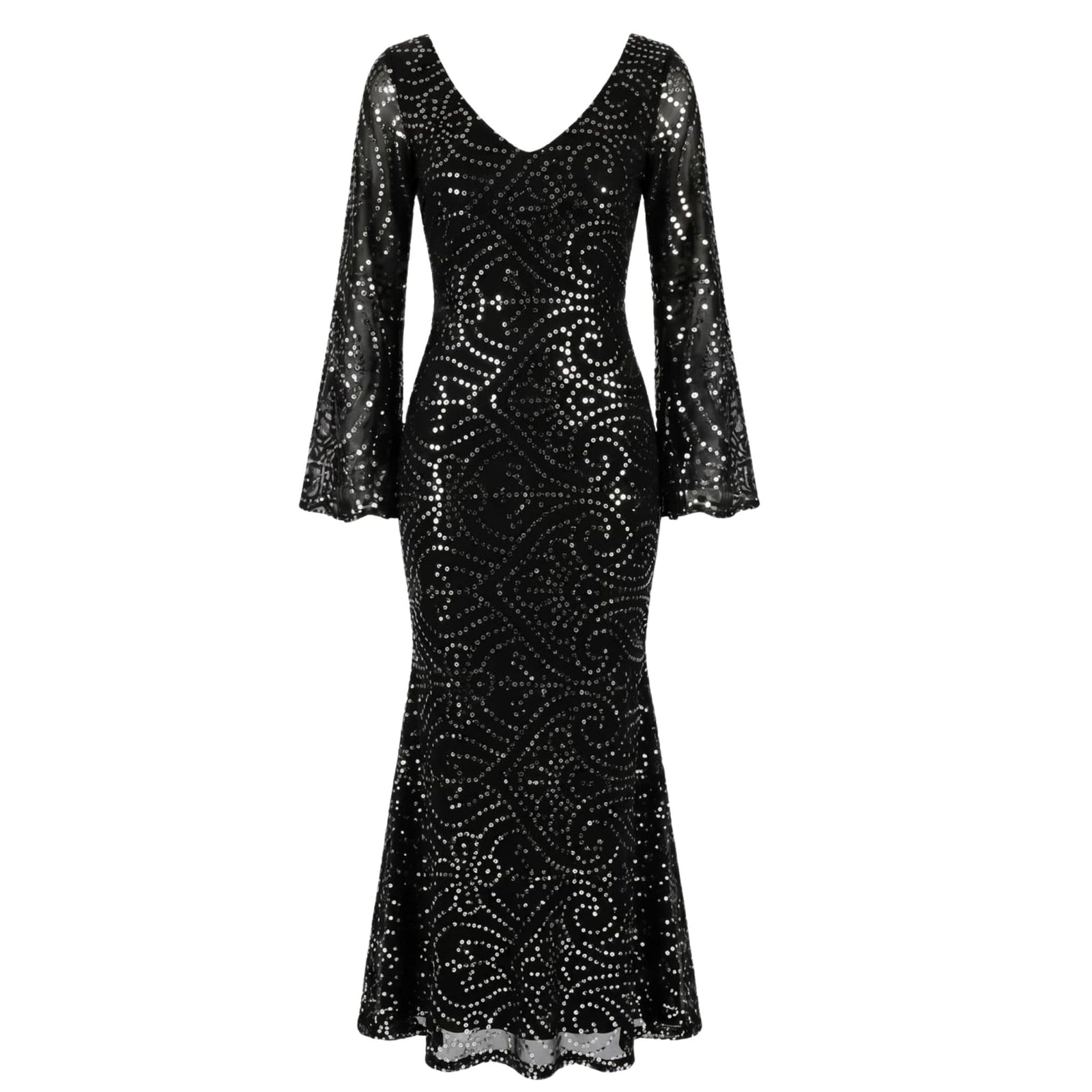 The Black Patra Mermaid Maxi Dress by INTERNATIONAL APPEAL features a V-neck, sheer flared sleeves, and swirling silver sequin details for a luxurious contemporary Indian-inspired look.