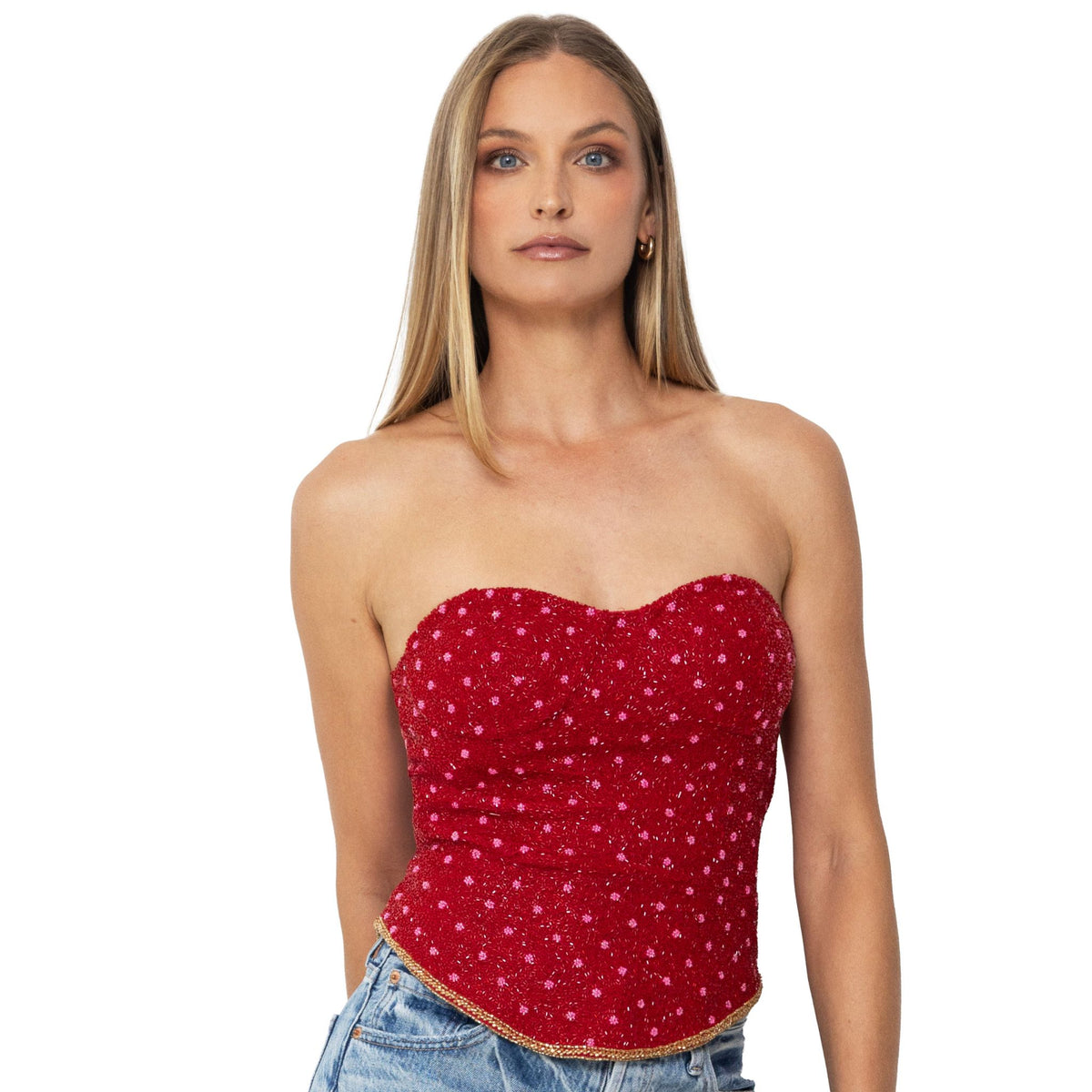 Perla Hand-Beaded Embellished Corset Top | Red
