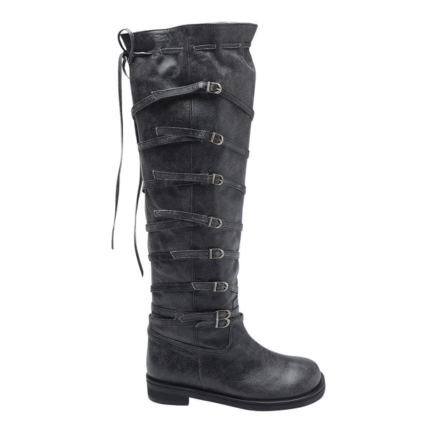 Grey  Knee‑High Leather Multi‑Strap 
Buckle Boots