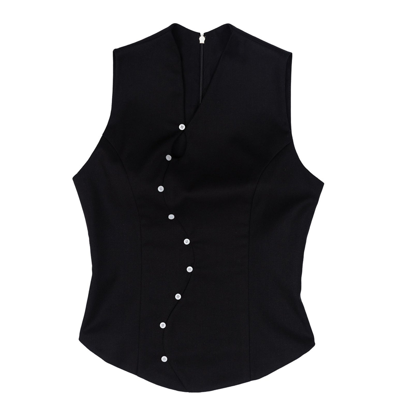 Black vest with white buttons on a white background