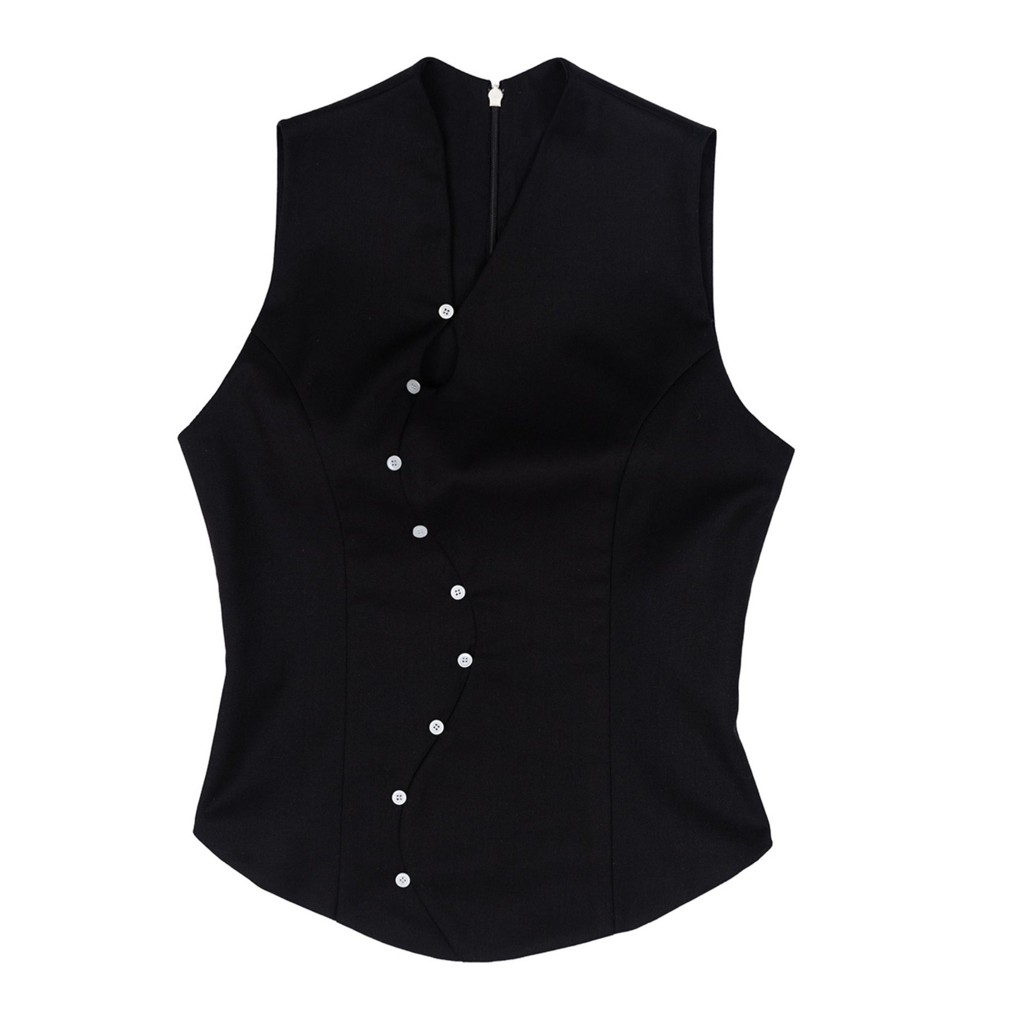 Black vest with white buttons on a white background