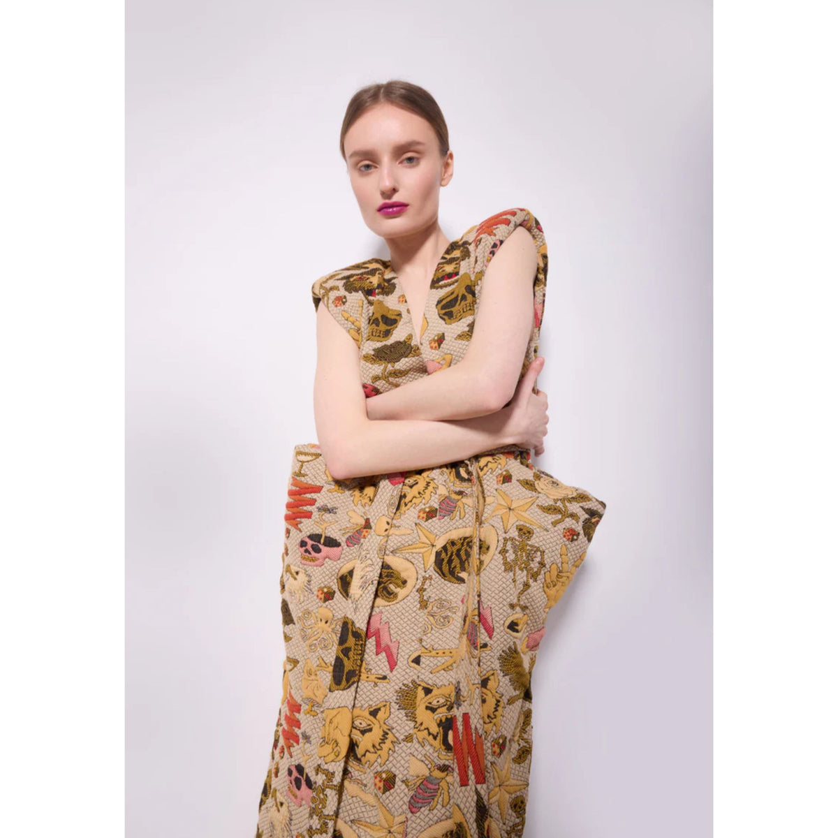 Jacquard Midi Dress With Bold Shoulders