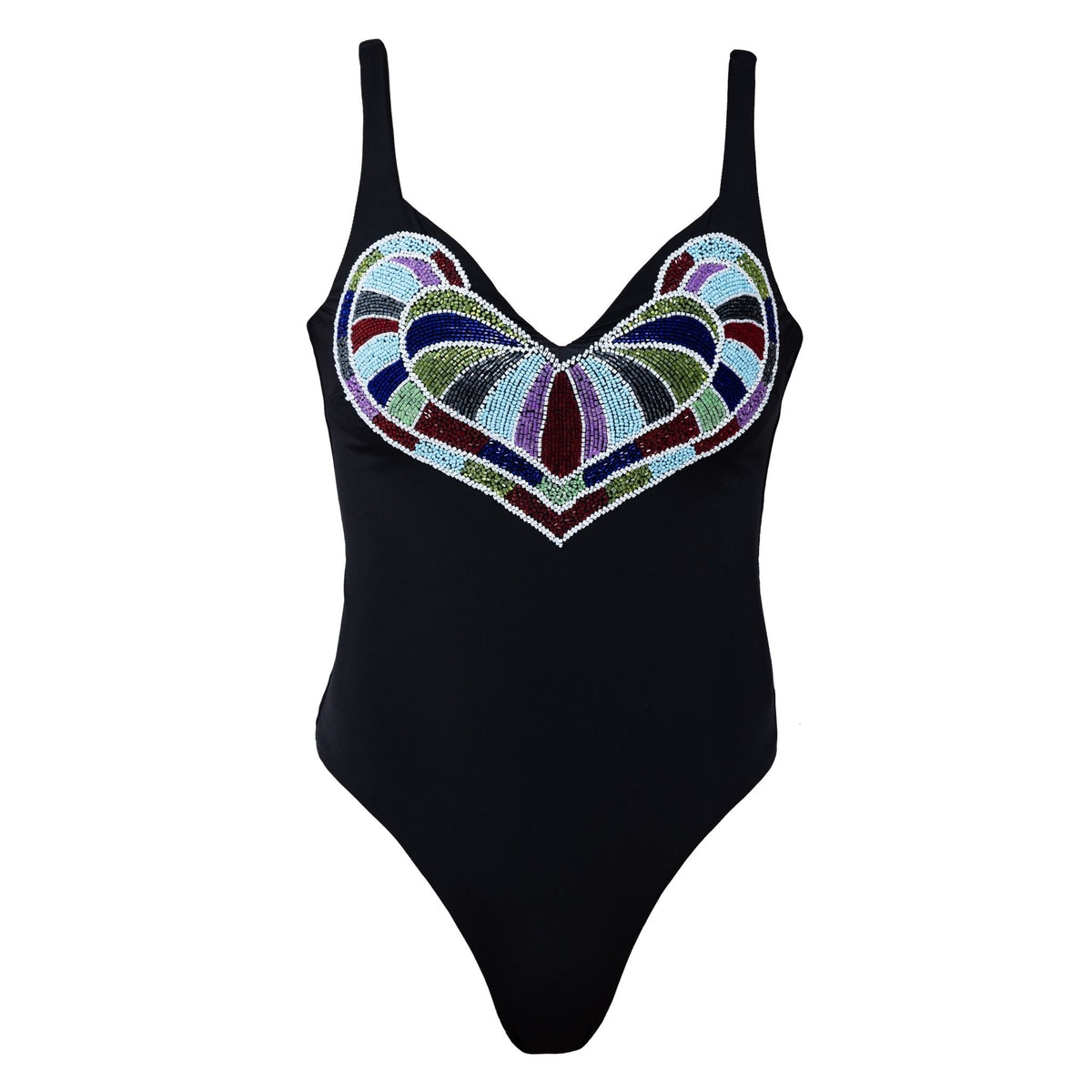 The SELF-ADORE Amor Hand-Beaded Embellished One-Piece Swimsuit in black features a hand-beaded heart with green, blue, red, white, and purple accents, thin shoulder straps, and a V-neckline for a romantic resort-ready look.