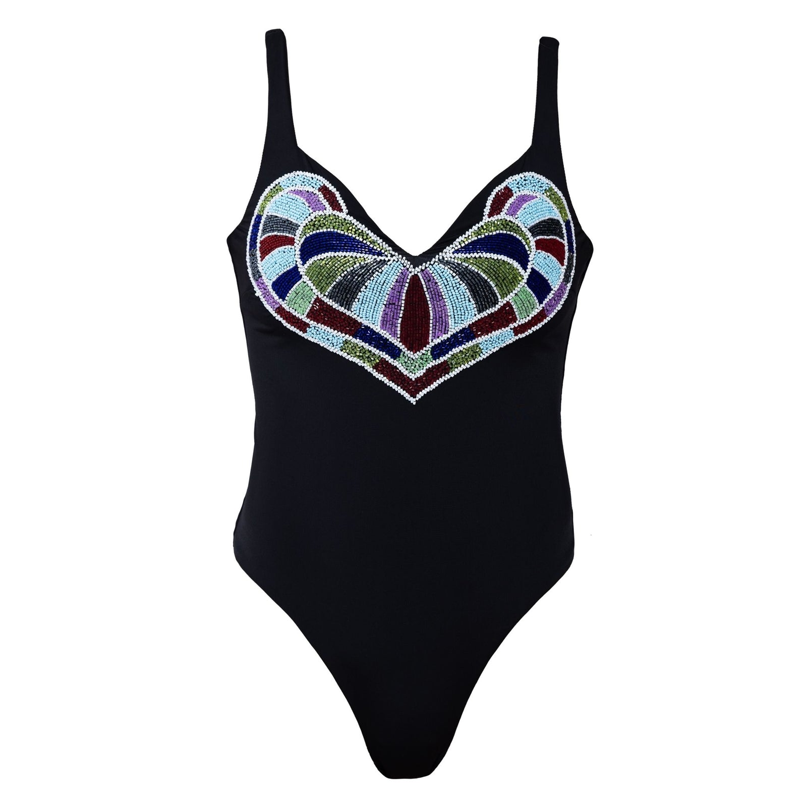 The SELF-ADORE Amor Hand-Beaded Embellished One-Piece Swimsuit in black features a hand-beaded heart with green, blue, red, white, and purple accents, thin shoulder straps, and a V-neckline for a romantic resort-ready look.
