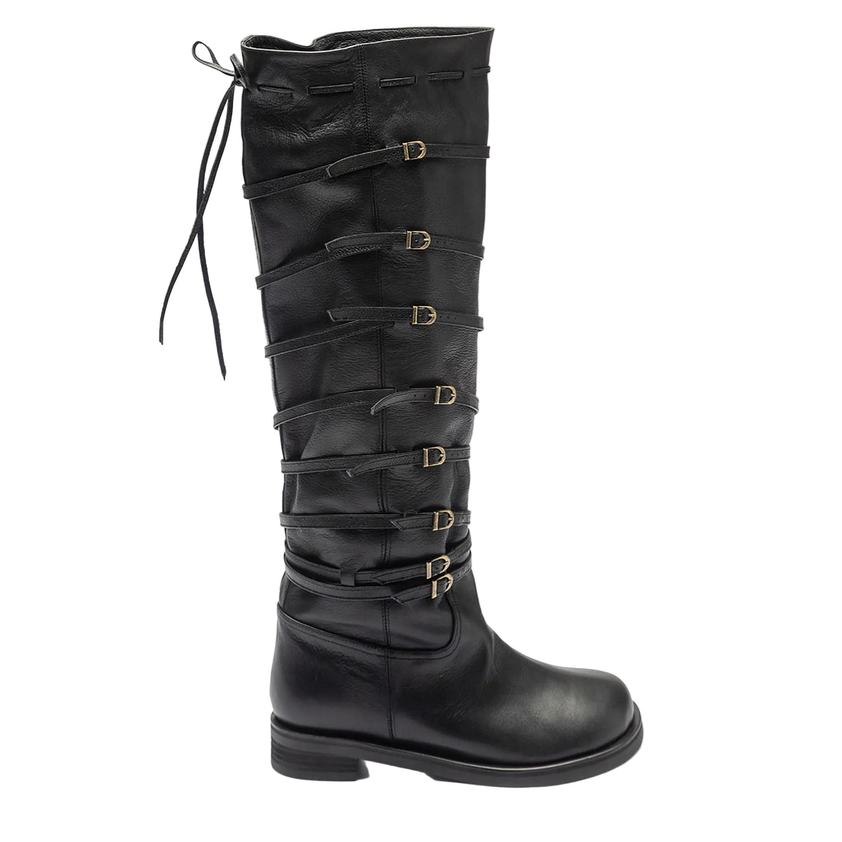 Black Knee‑High 
Leather Multi‑Strap Buckle Boots