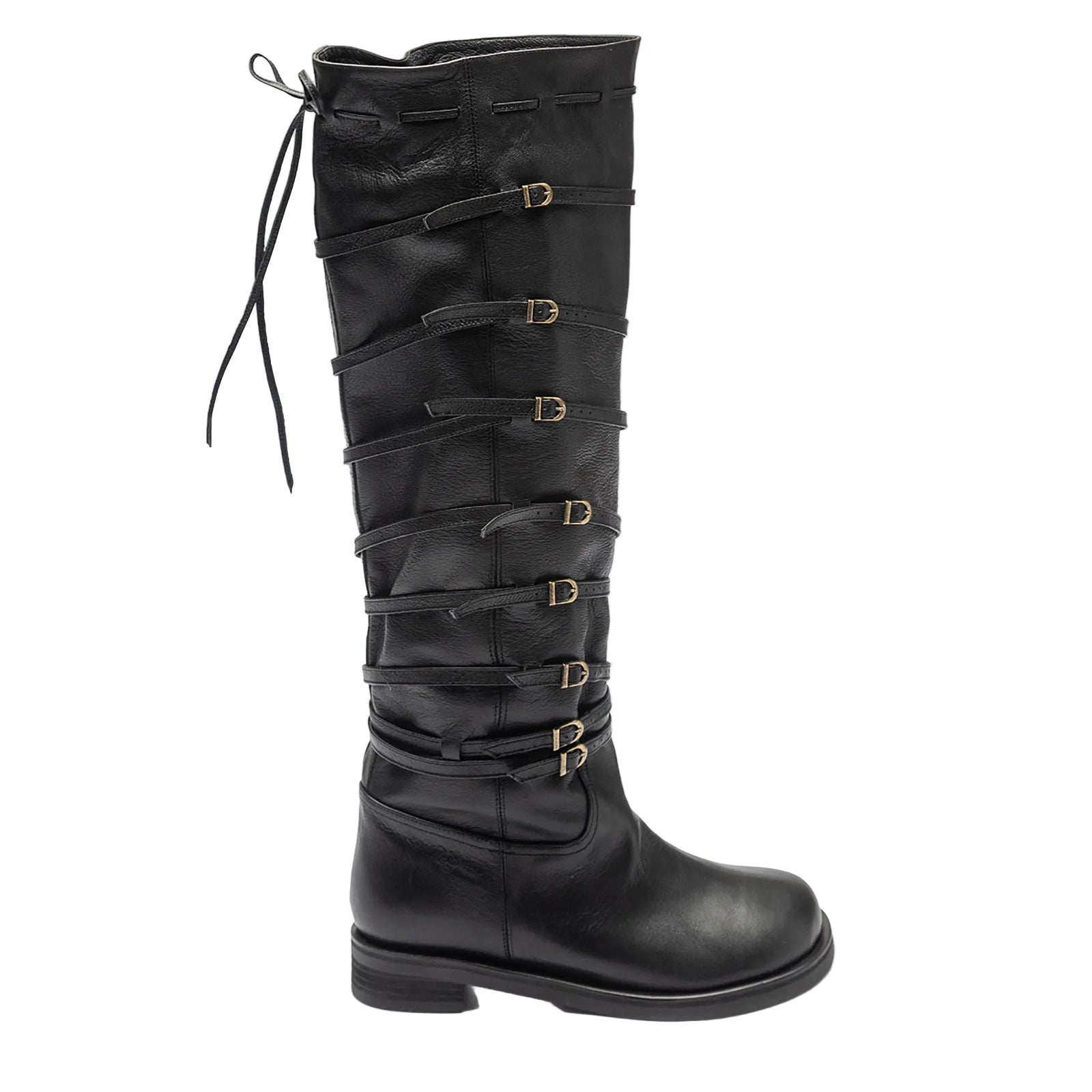 Black Knee‑High 
Leather Multi‑Strap Buckle Boots